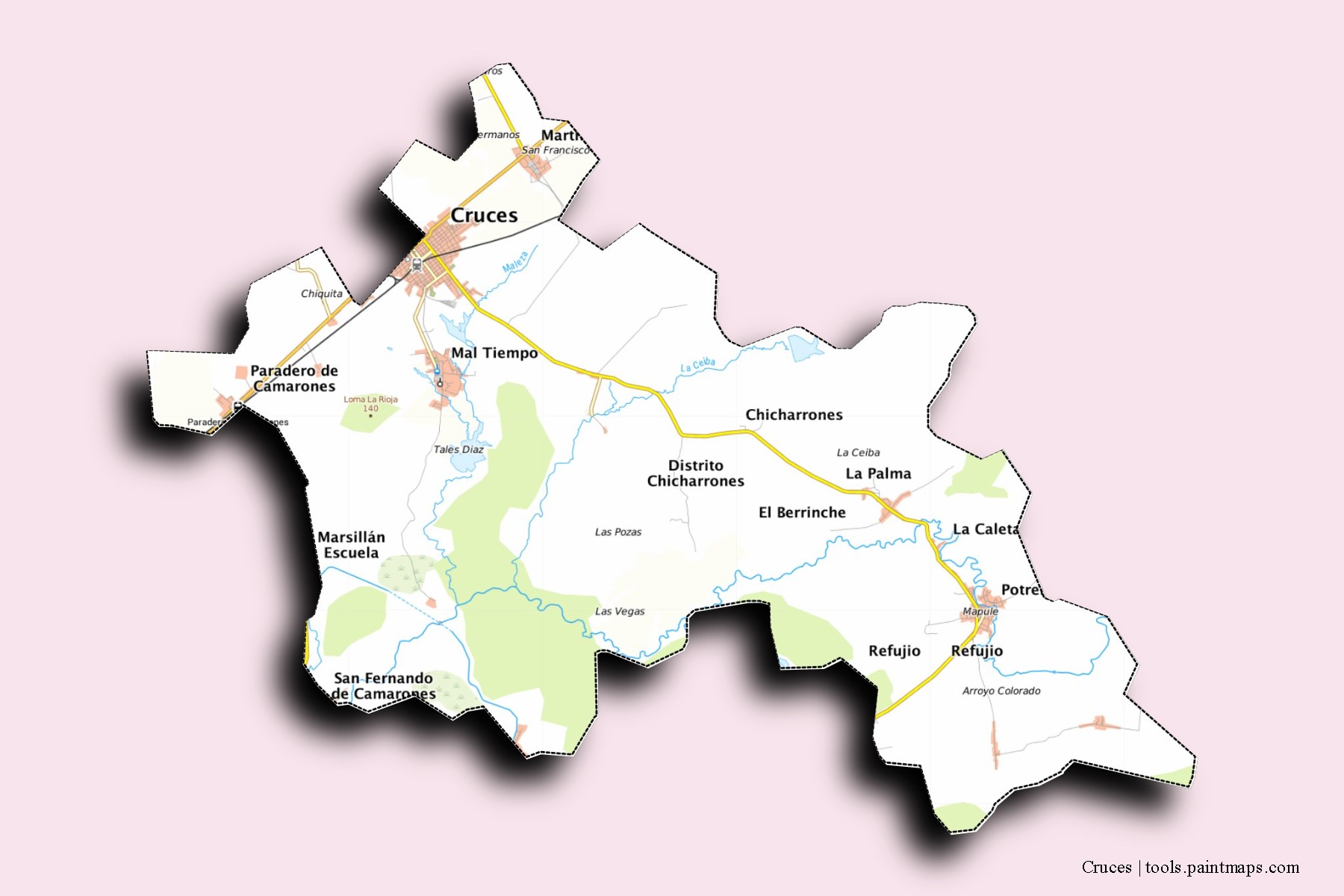 Mapa de barrios y pueblos de Cruces con efecto de sombra 3D