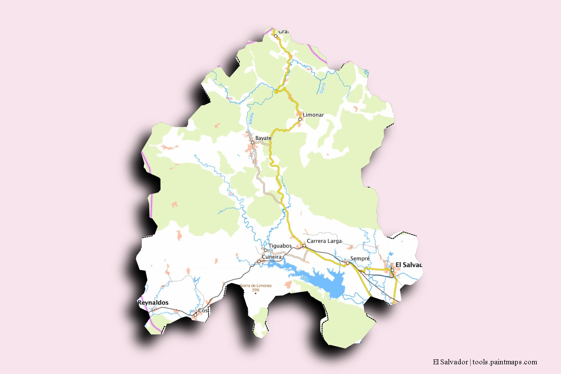 Mapa de barrios y pueblos de El Salvador con efecto de sombra 3D