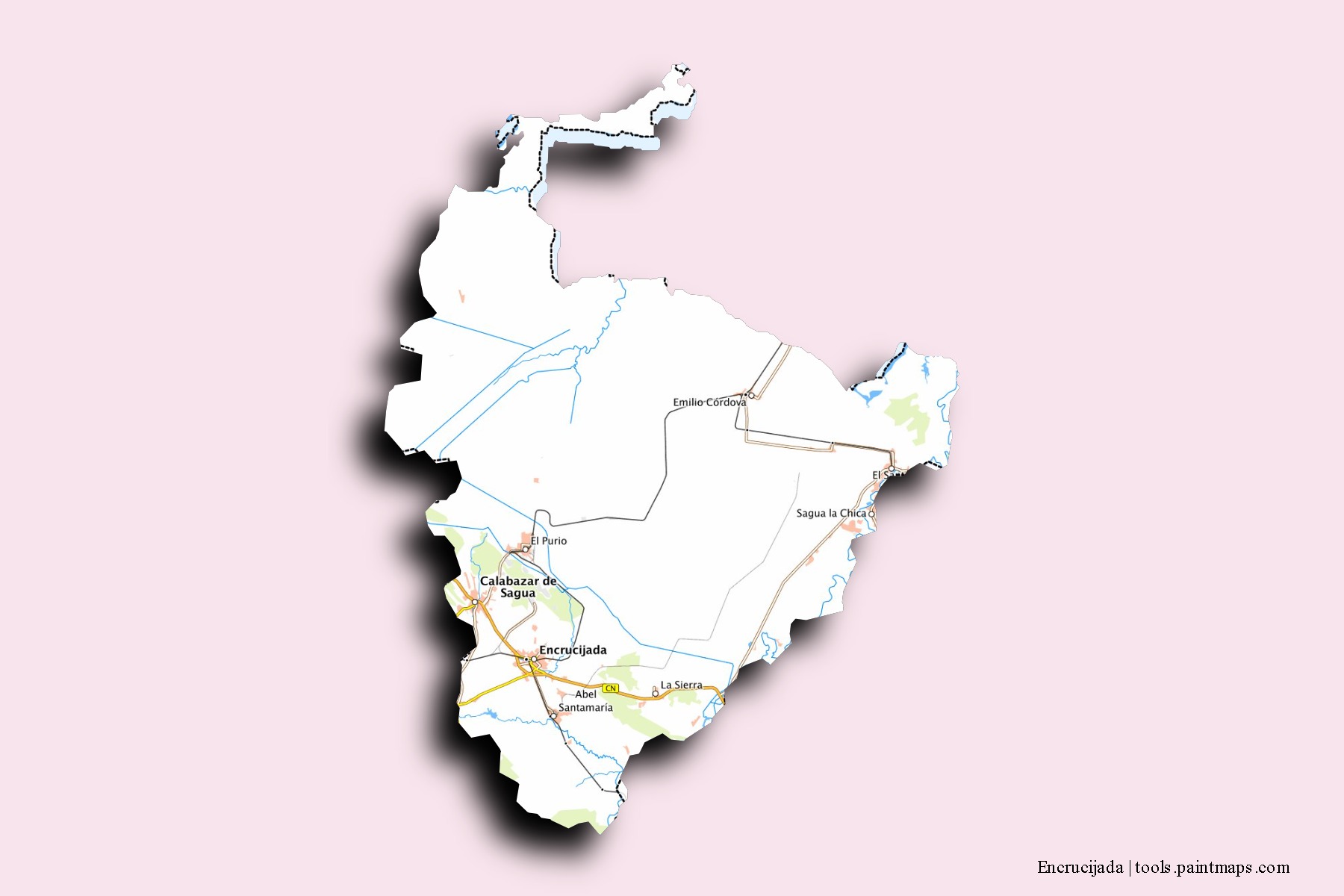 Mapa de barrios y pueblos de Encrucijada con efecto de sombra 3D