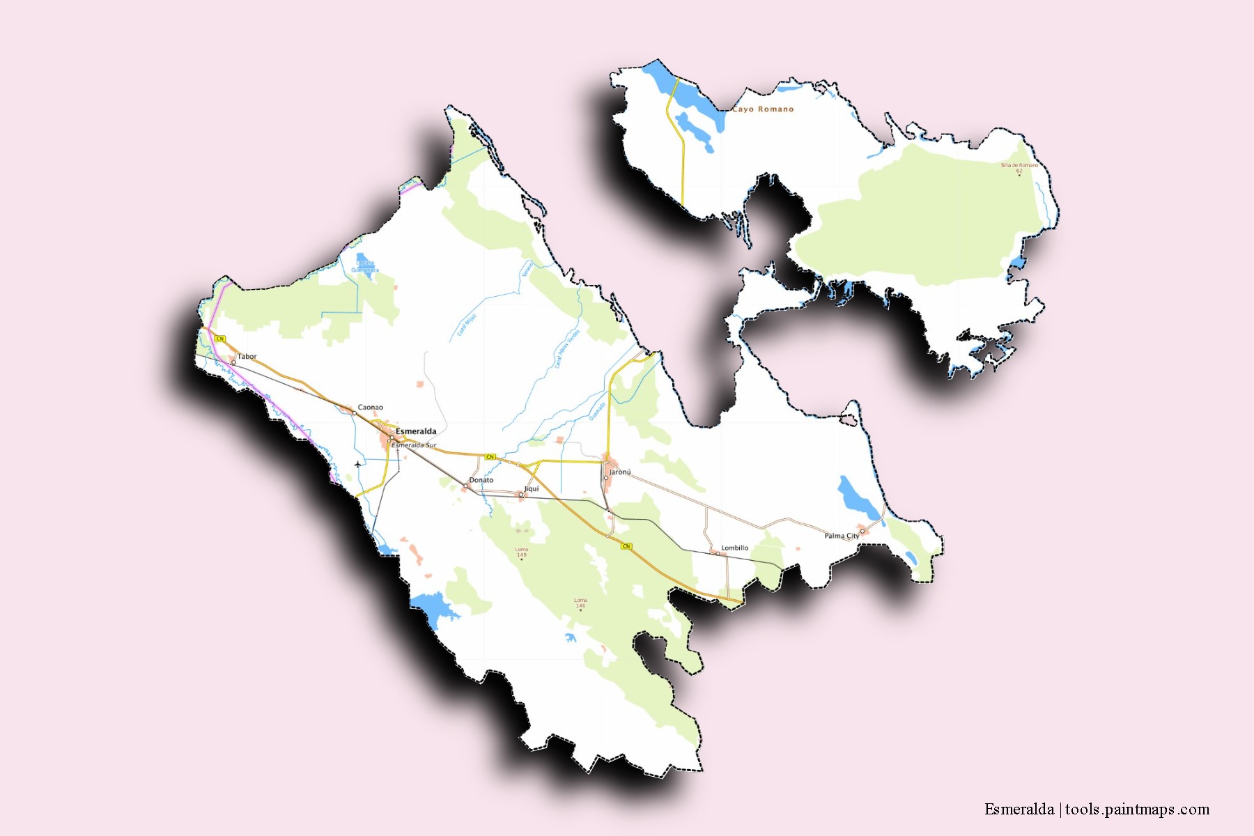 Mapa de barrios y pueblos de Esmeralda con efecto de sombra 3D