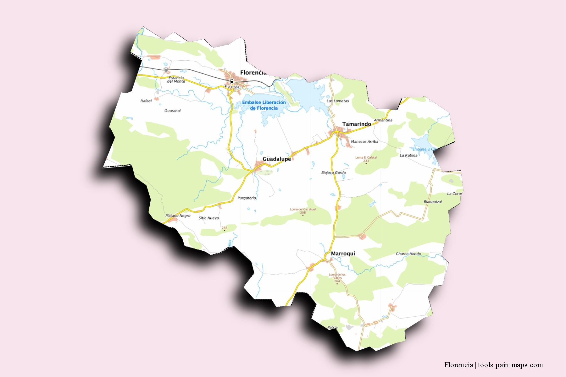 Chambas neighborhoods and villages map with 3D shadow effect