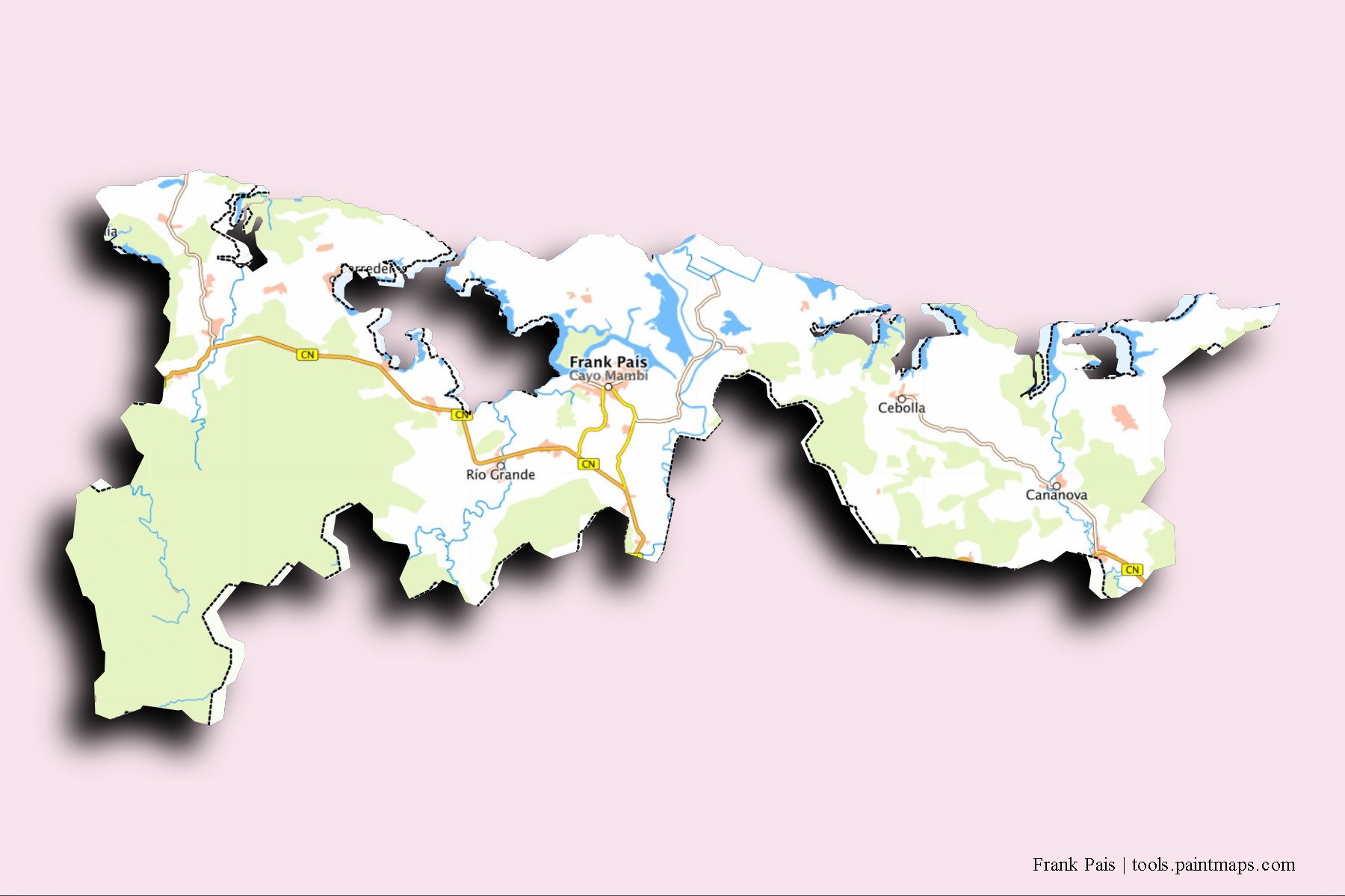 Mapa de barrios y pueblos de Frank Pais con efecto de sombra 3D