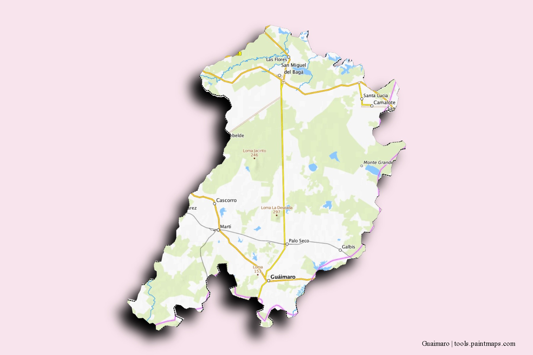 Mapa de barrios y pueblos de Guaimaro con efecto de sombra 3D