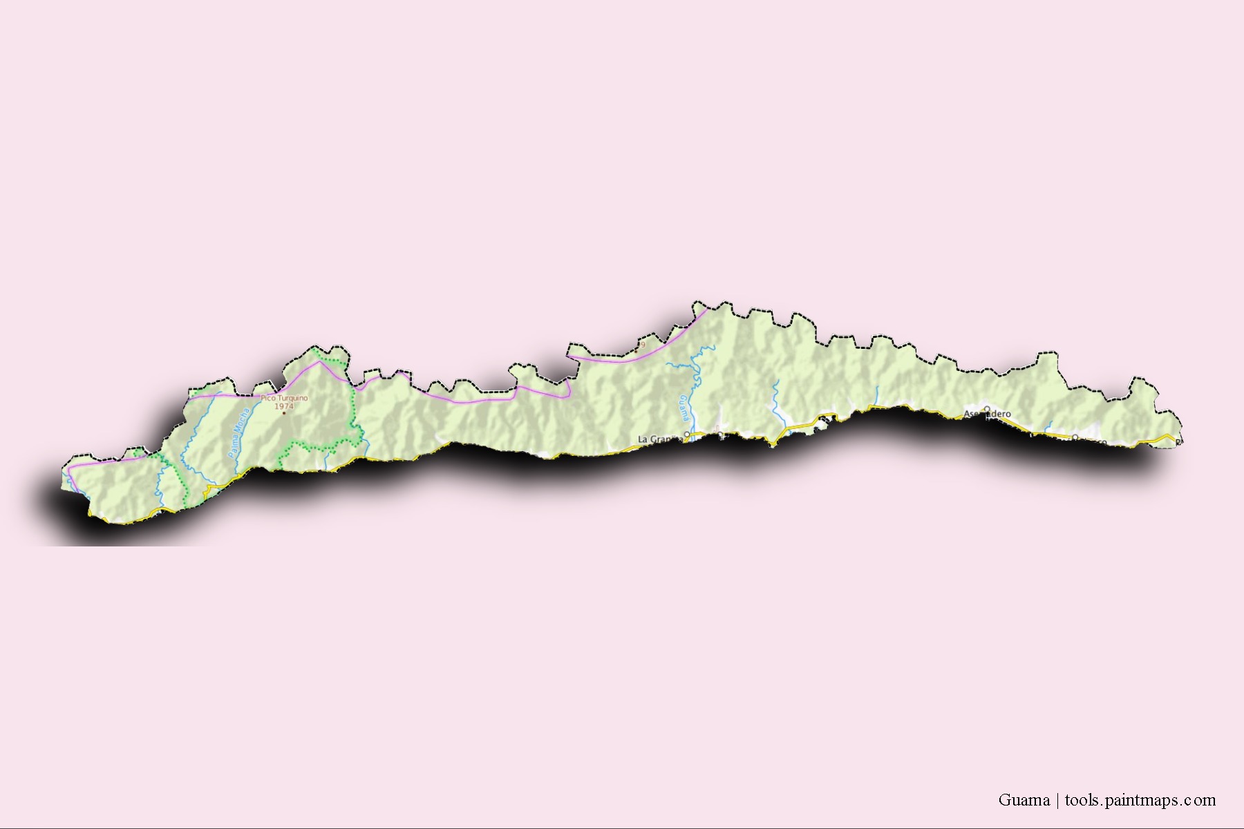 Mapa de barrios y pueblos de Guama con efecto de sombra 3D