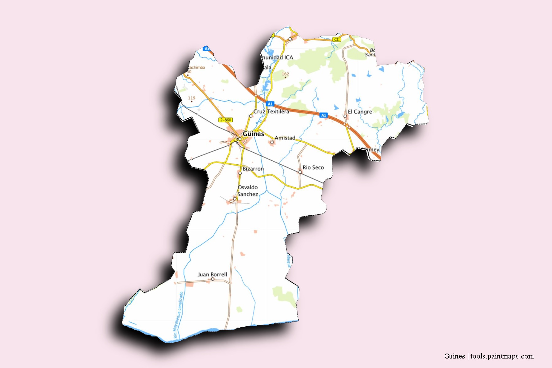 Mapa de barrios y pueblos de Guines con efecto de sombra 3D