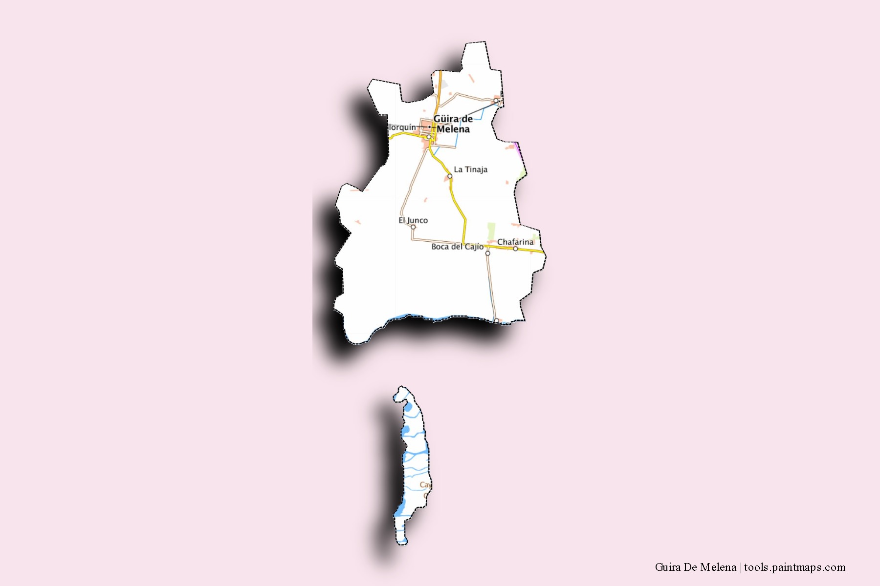 Mapa de barrios y pueblos de Guira De Melena con efecto de sombra 3D