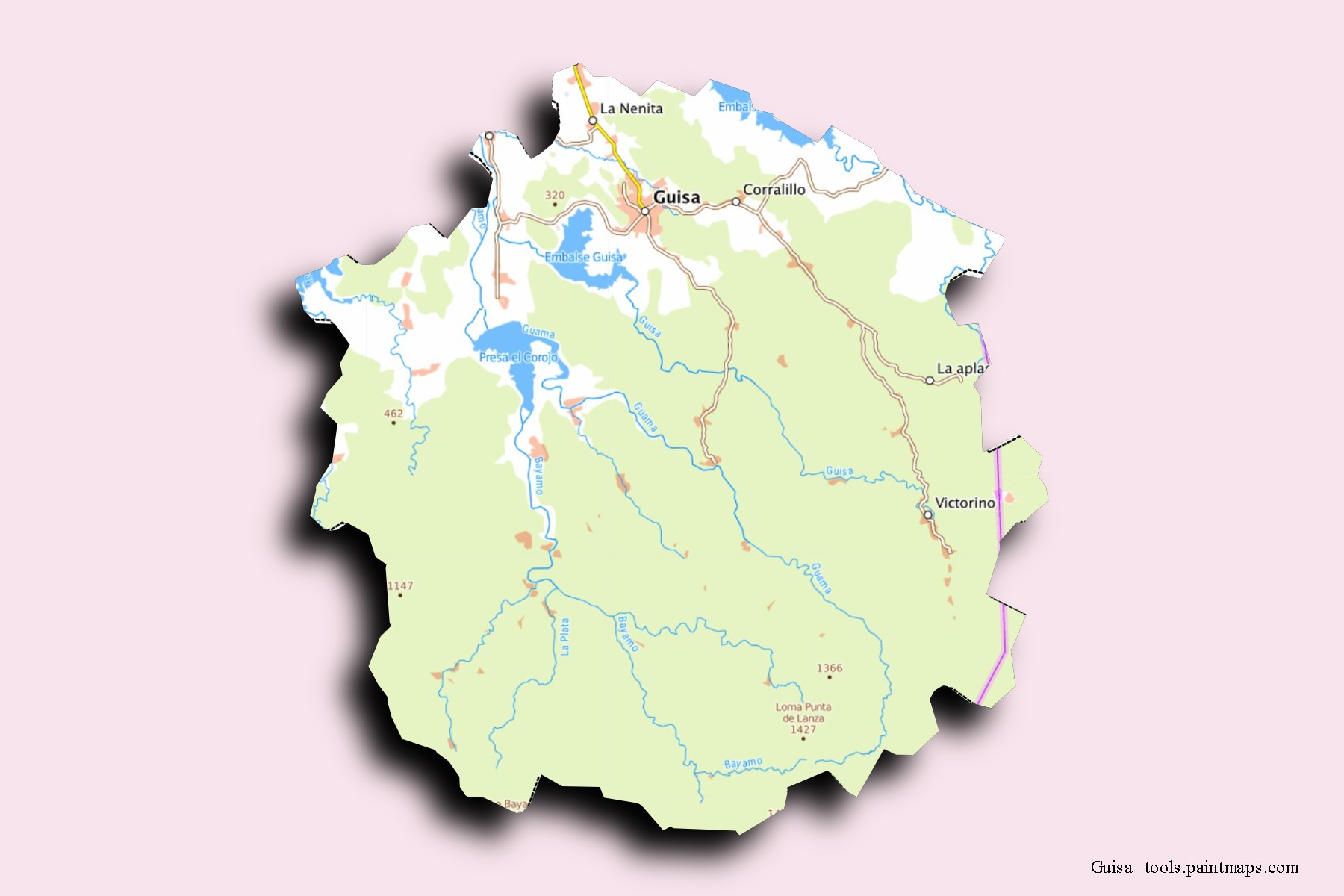 Mapa de barrios y pueblos de Guisa con efecto de sombra 3D