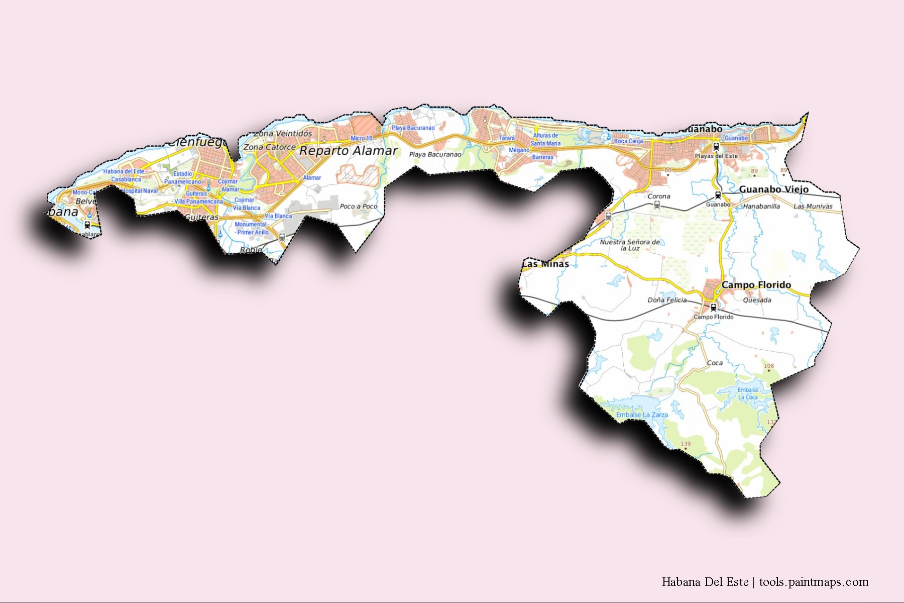 3D gölge efektli Habana Del Este mahalleleri ve köyleri haritası