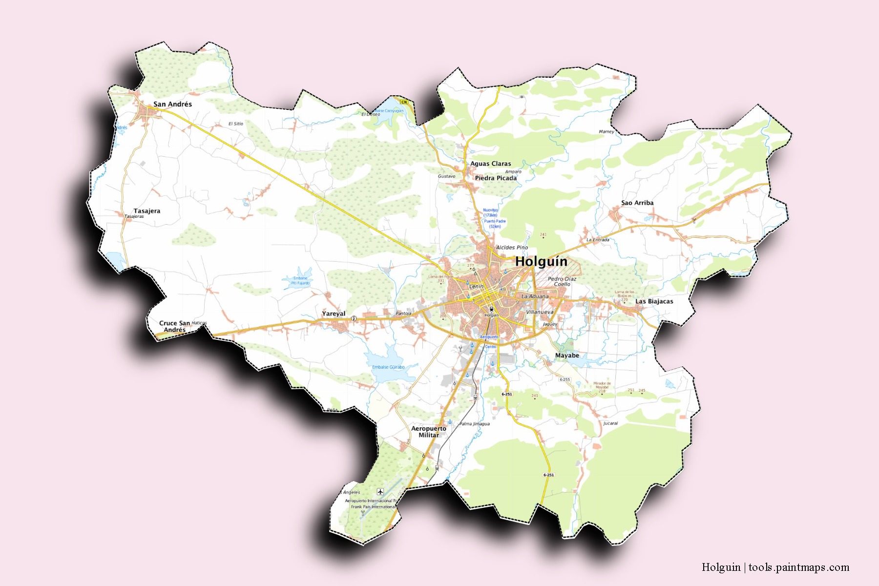 Mapa de barrios y pueblos de Holguin con efecto de sombra 3D