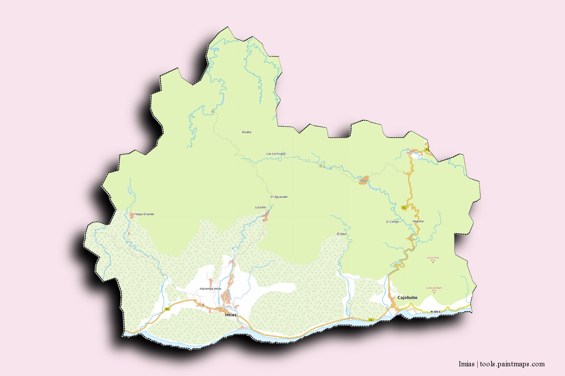 Mapa de barrios y pueblos de Imias con efecto de sombra 3D