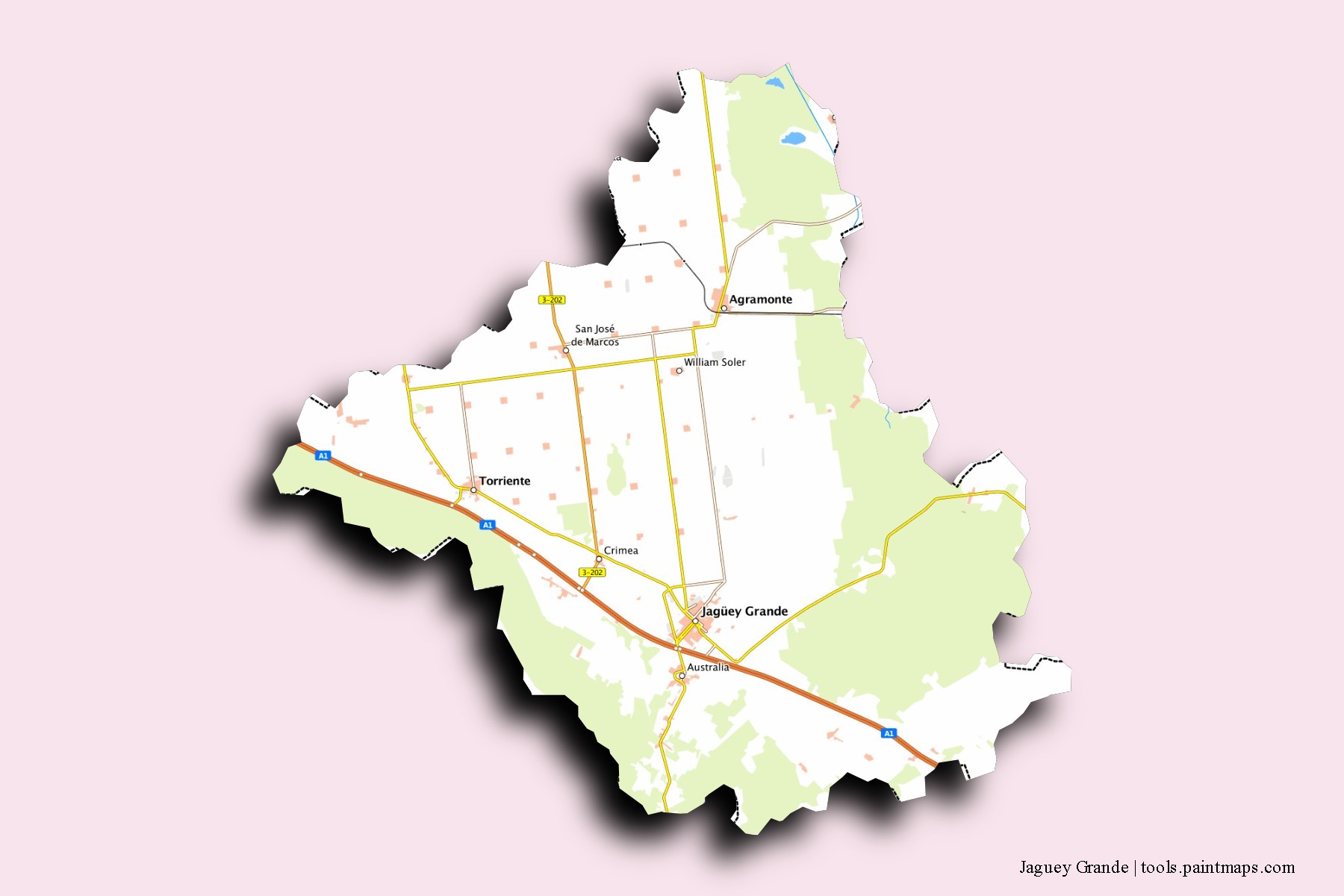 Mapa de barrios y pueblos de Jaguey Grande con efecto de sombra 3D