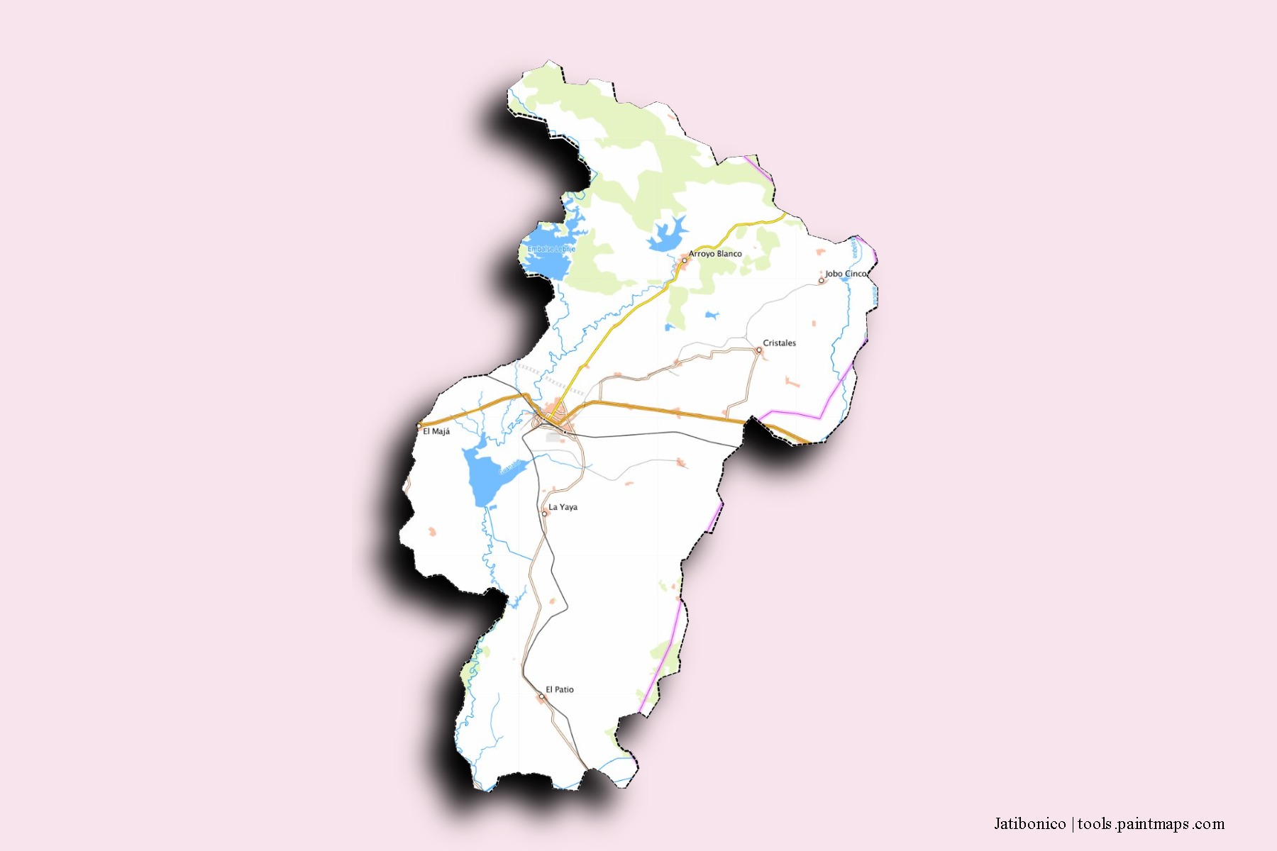 Mapa de barrios y pueblos de Jatibonico con efecto de sombra 3D