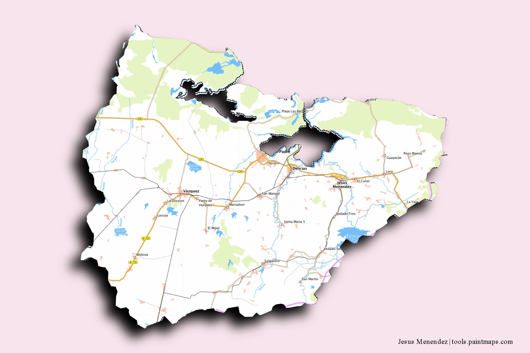 Jesús Menéndez neighborhoods and villages map with 3D shadow effect