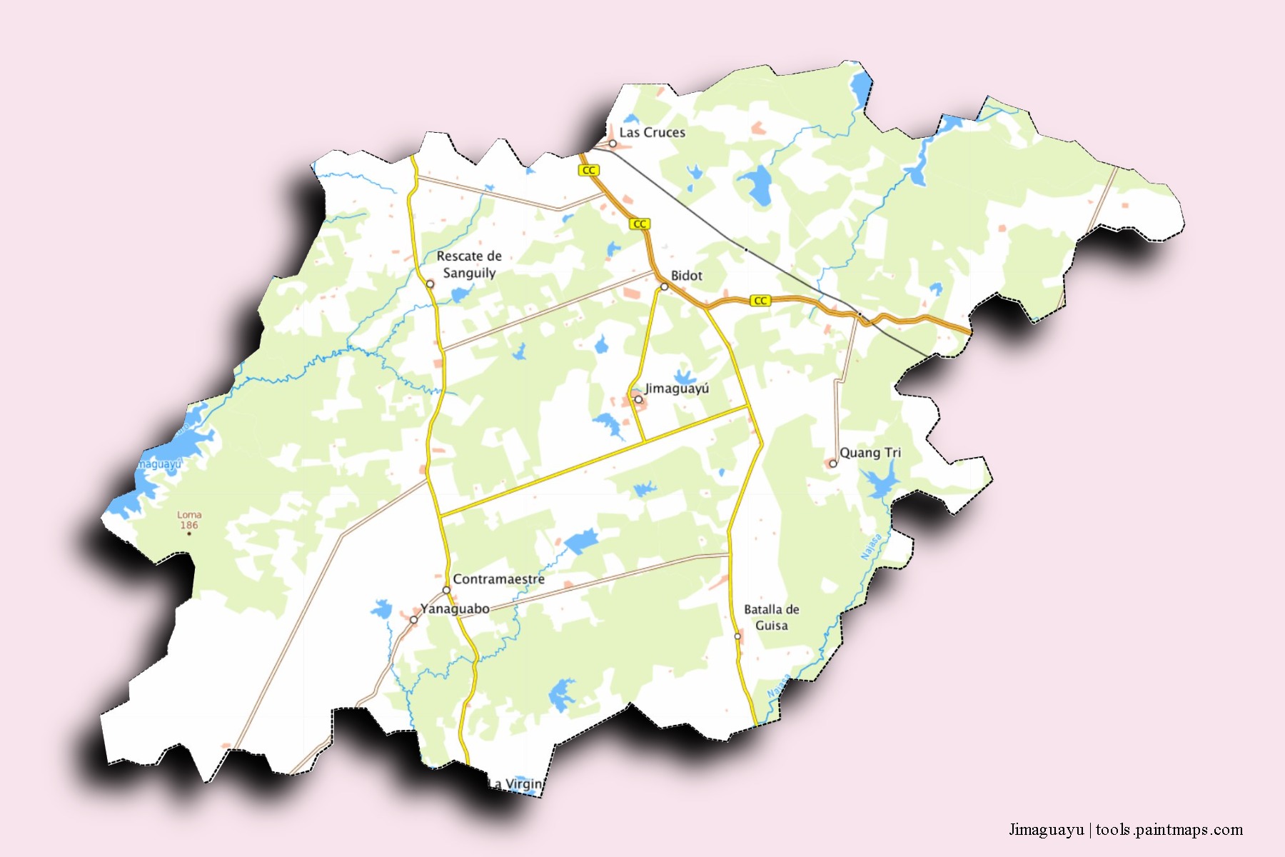 Mapa de barrios y pueblos de Jimaguayu con efecto de sombra 3D