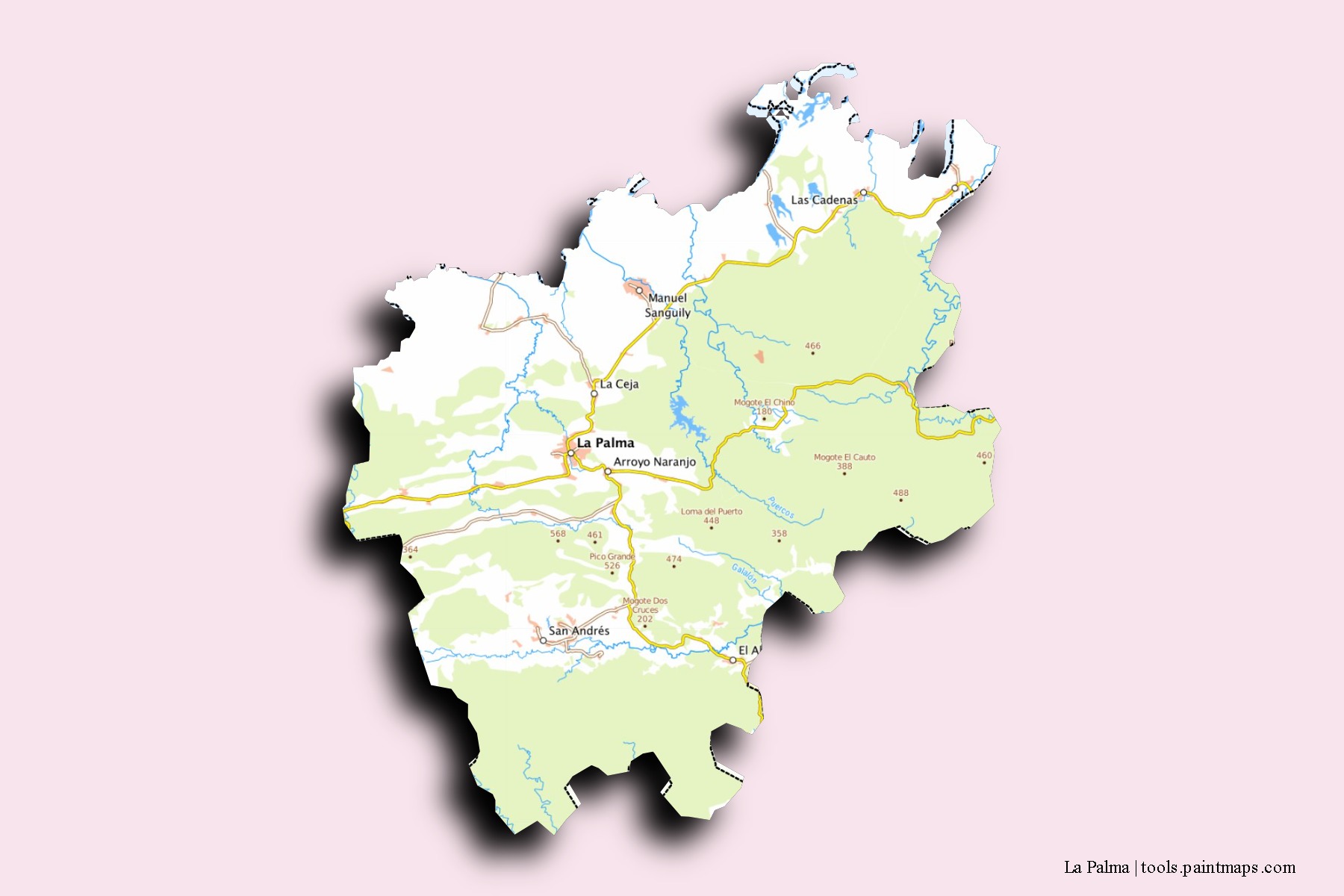 Mapa de barrios y pueblos de La Palma con efecto de sombra 3D