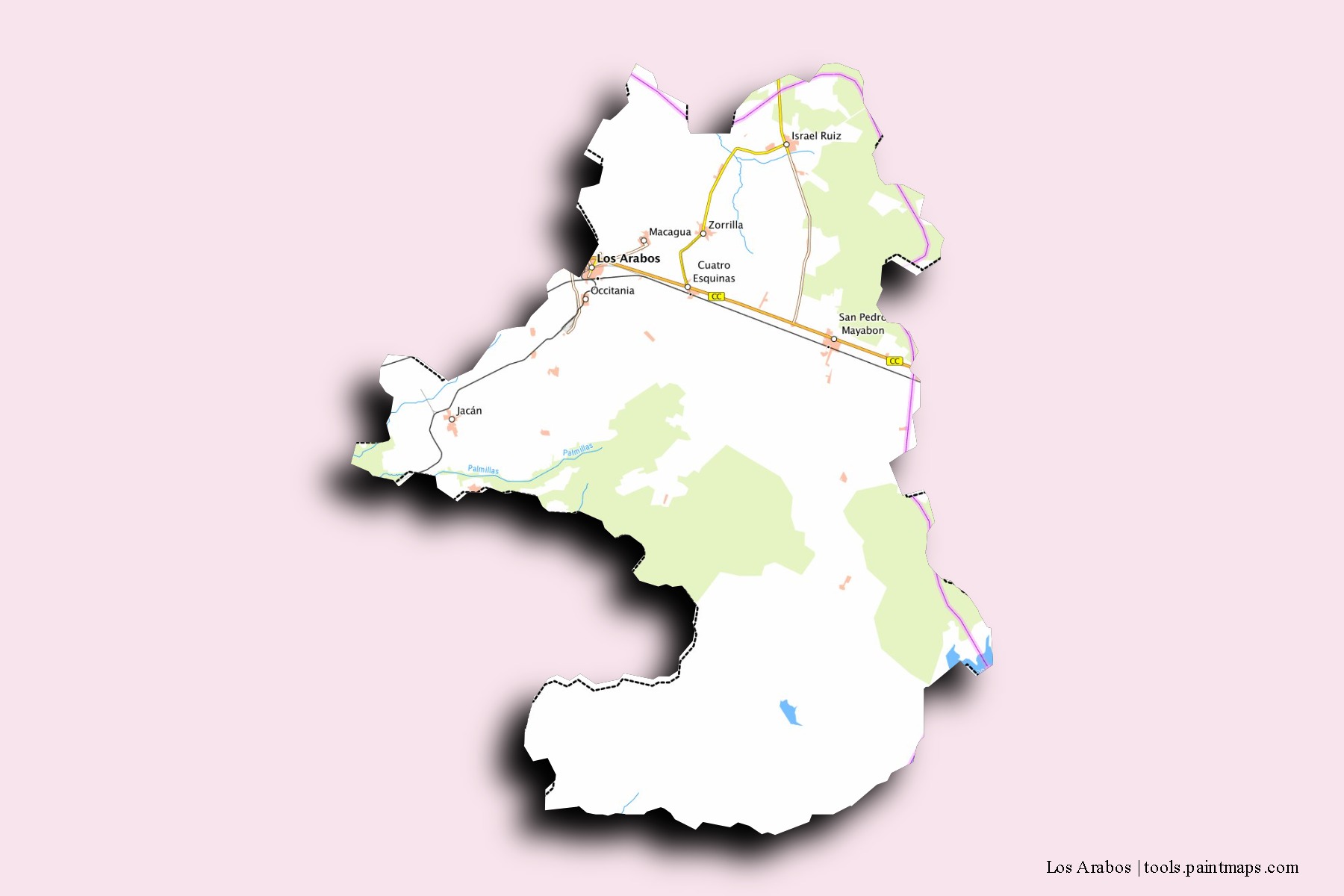 Mapa de barrios y pueblos de Los Arabos con efecto de sombra 3D