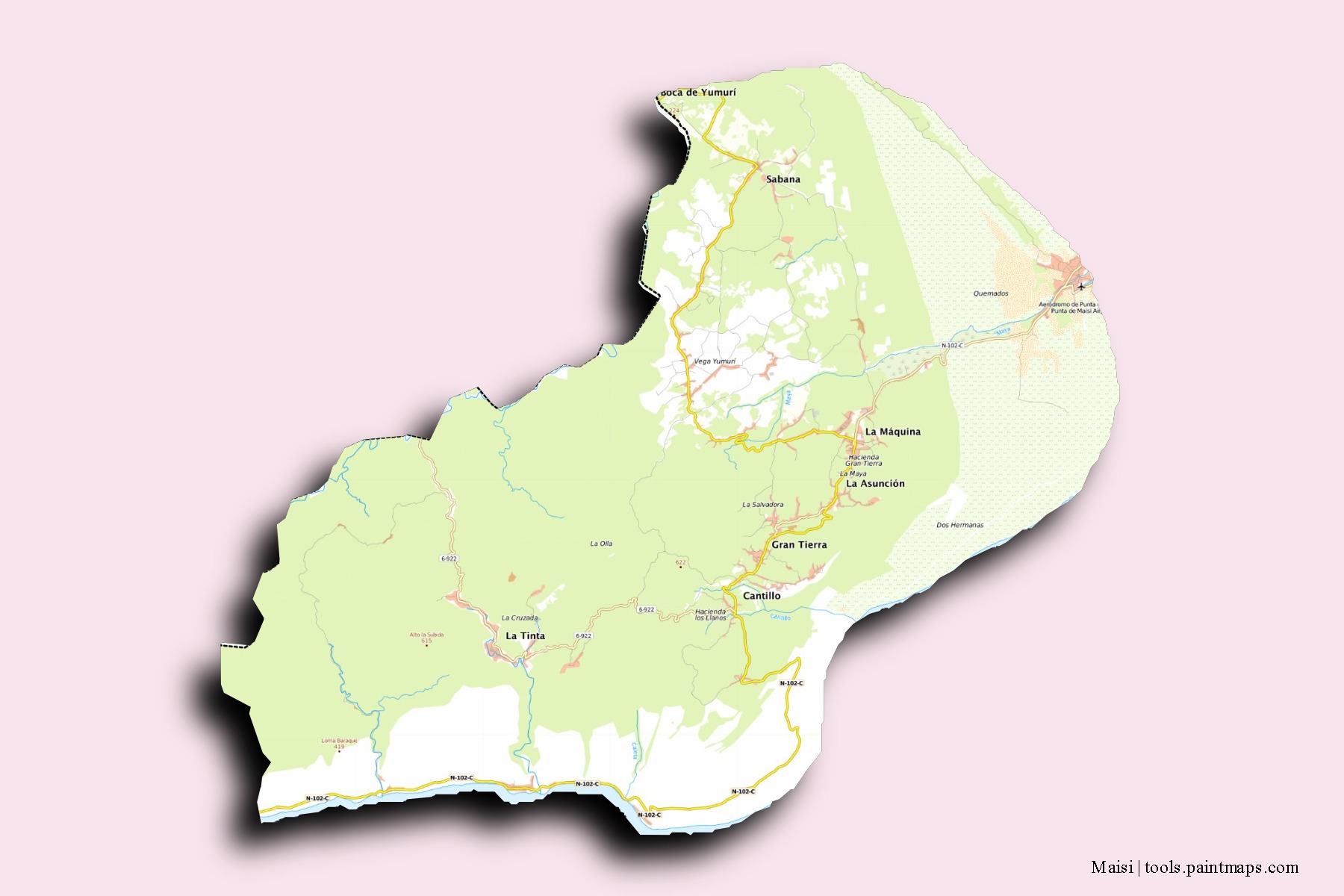 Mapa de barrios y pueblos de Maisi con efecto de sombra 3D