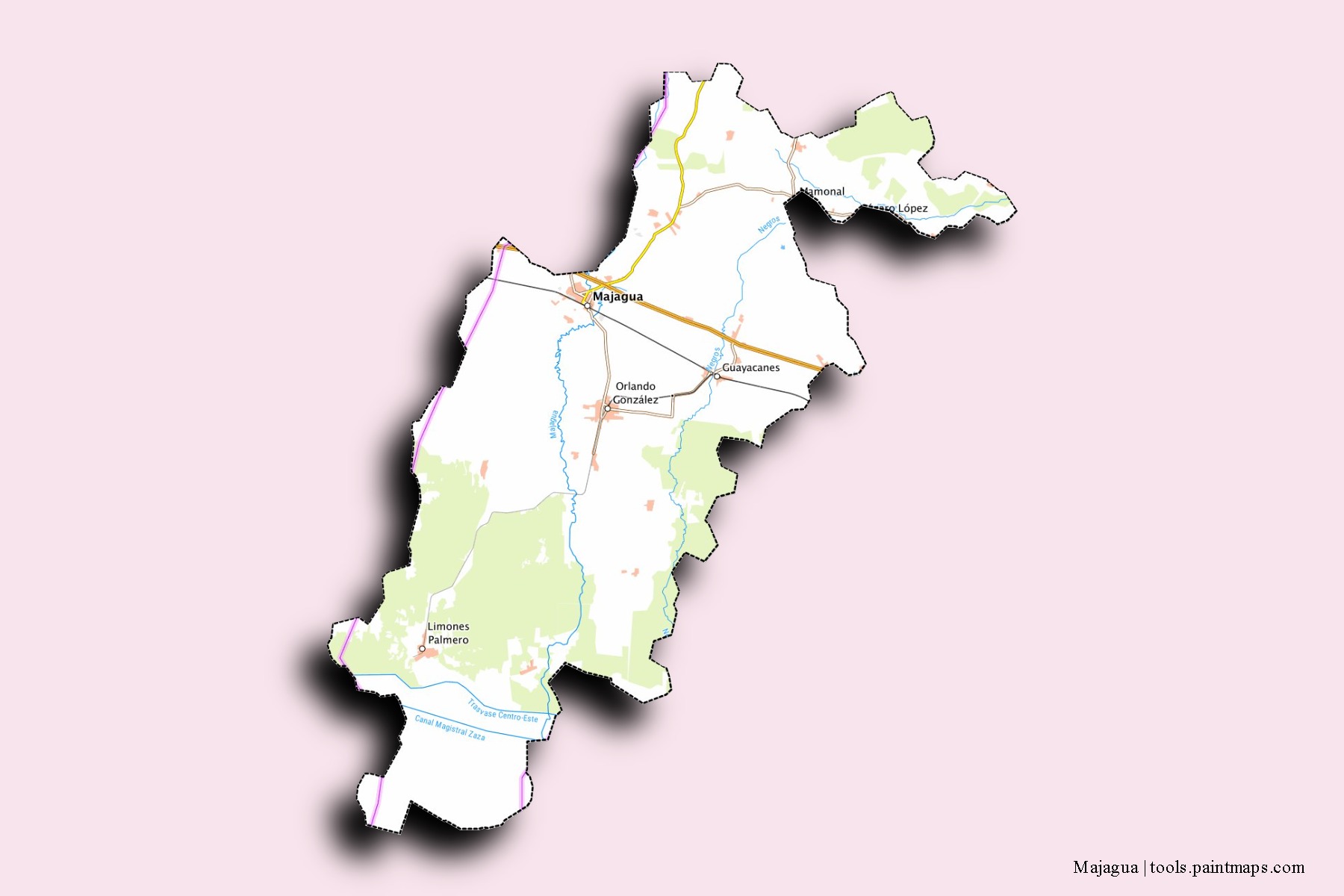 Mapa de barrios y pueblos de Majagua con efecto de sombra 3D