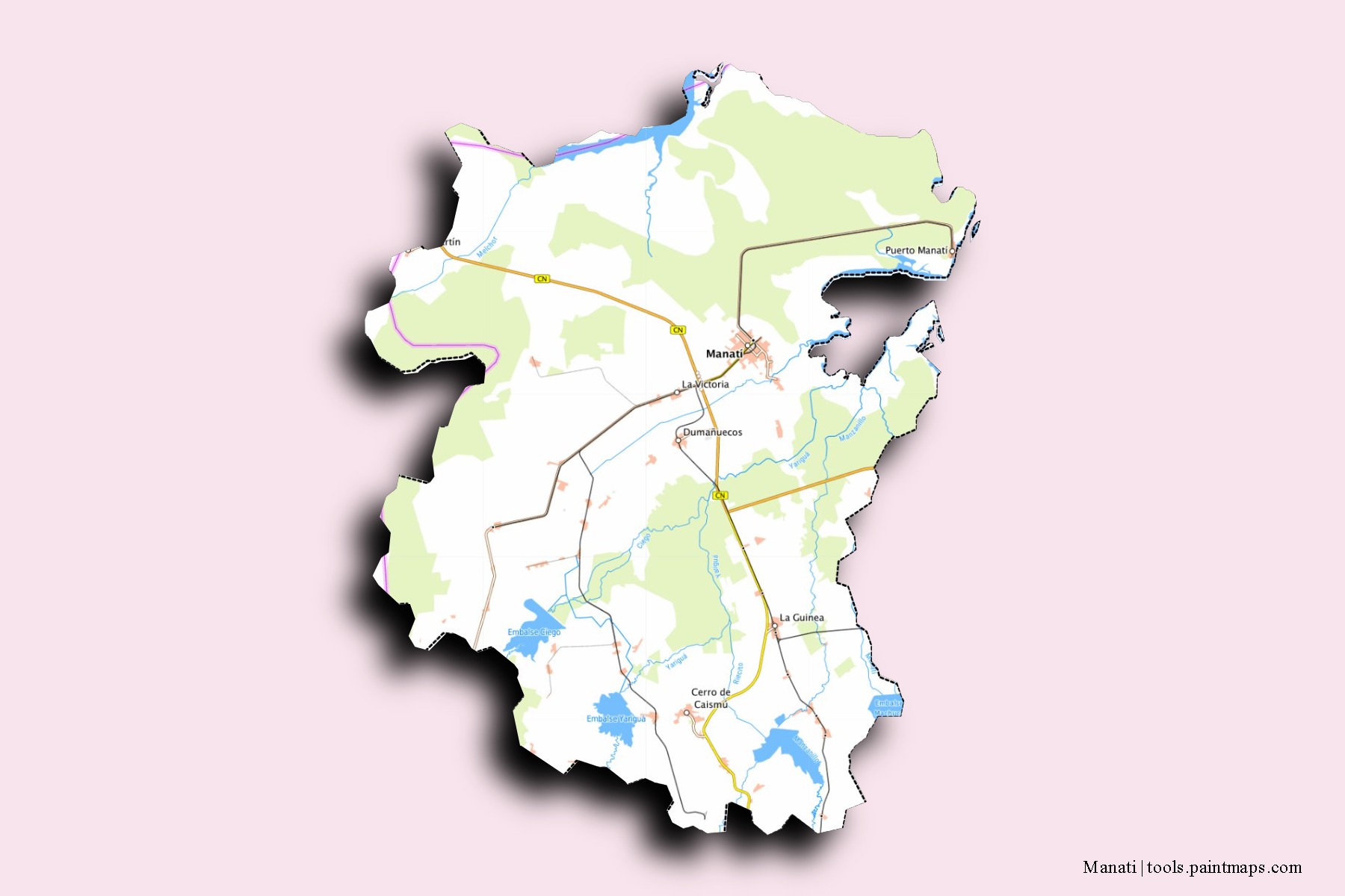 Mapa de barrios y pueblos de Manati con efecto de sombra 3D