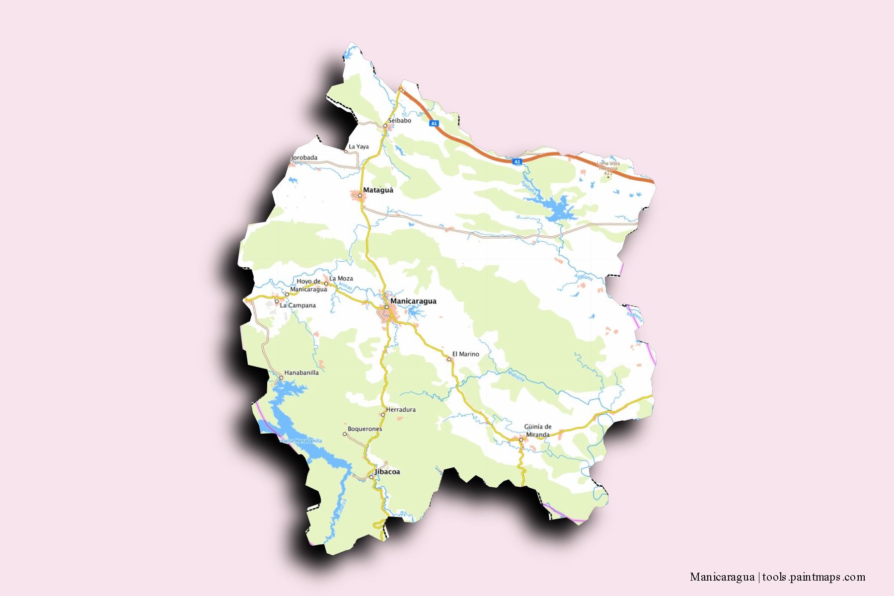 Mapa de barrios y pueblos de Manicaragua con efecto de sombra 3D