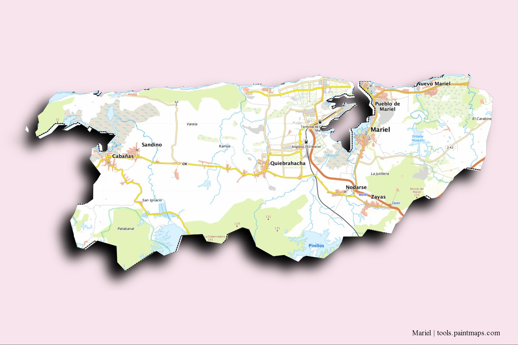 Mapa de barrios y pueblos de Mariel con efecto de sombra 3D