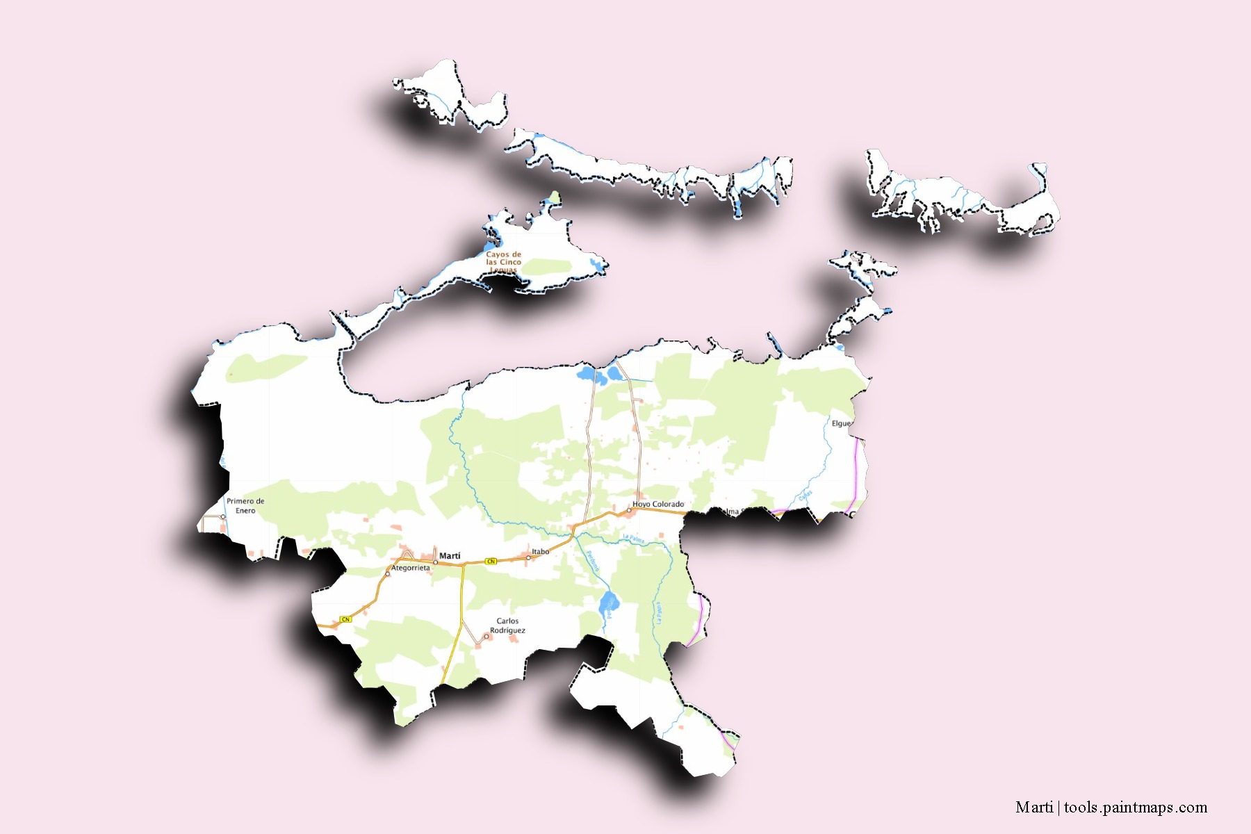 Martí neighborhoods and villages map with 3D shadow effect