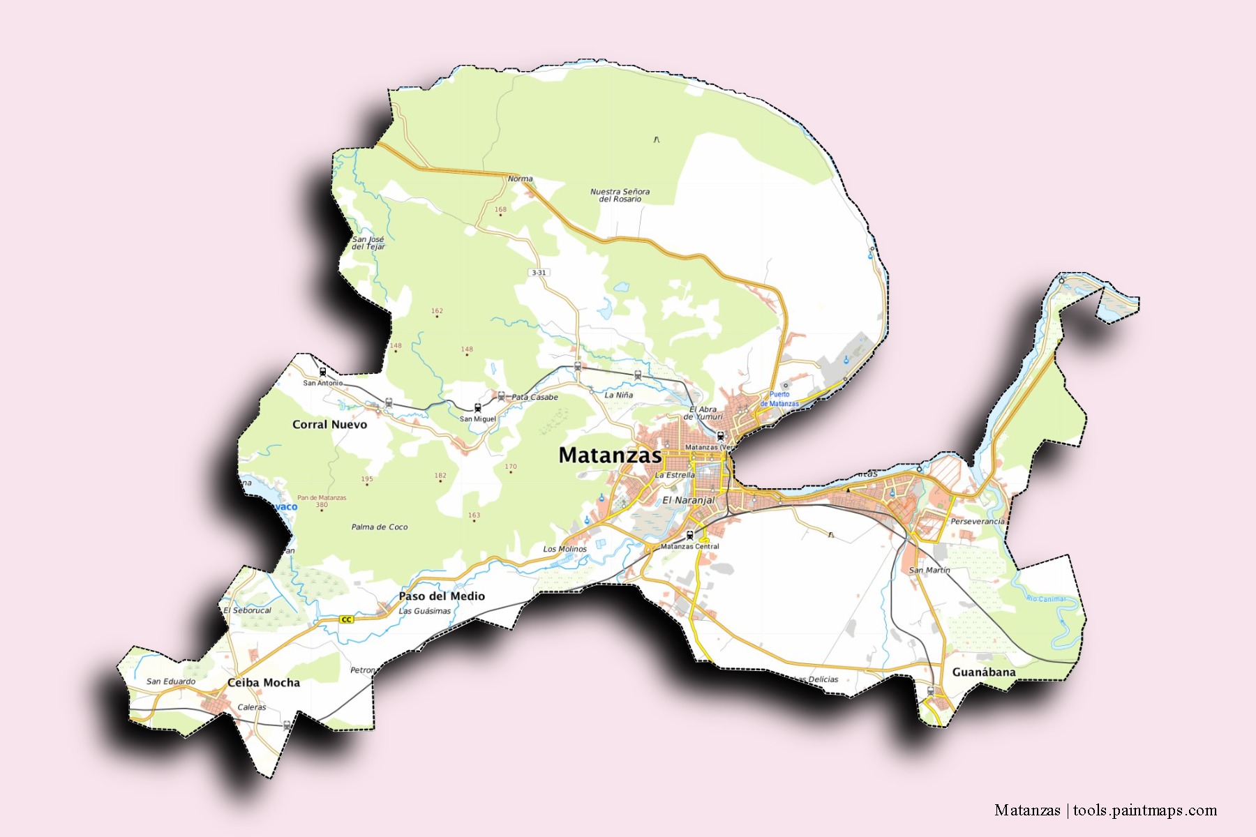 Matanzas neighborhoods and villages map with 3D shadow effect