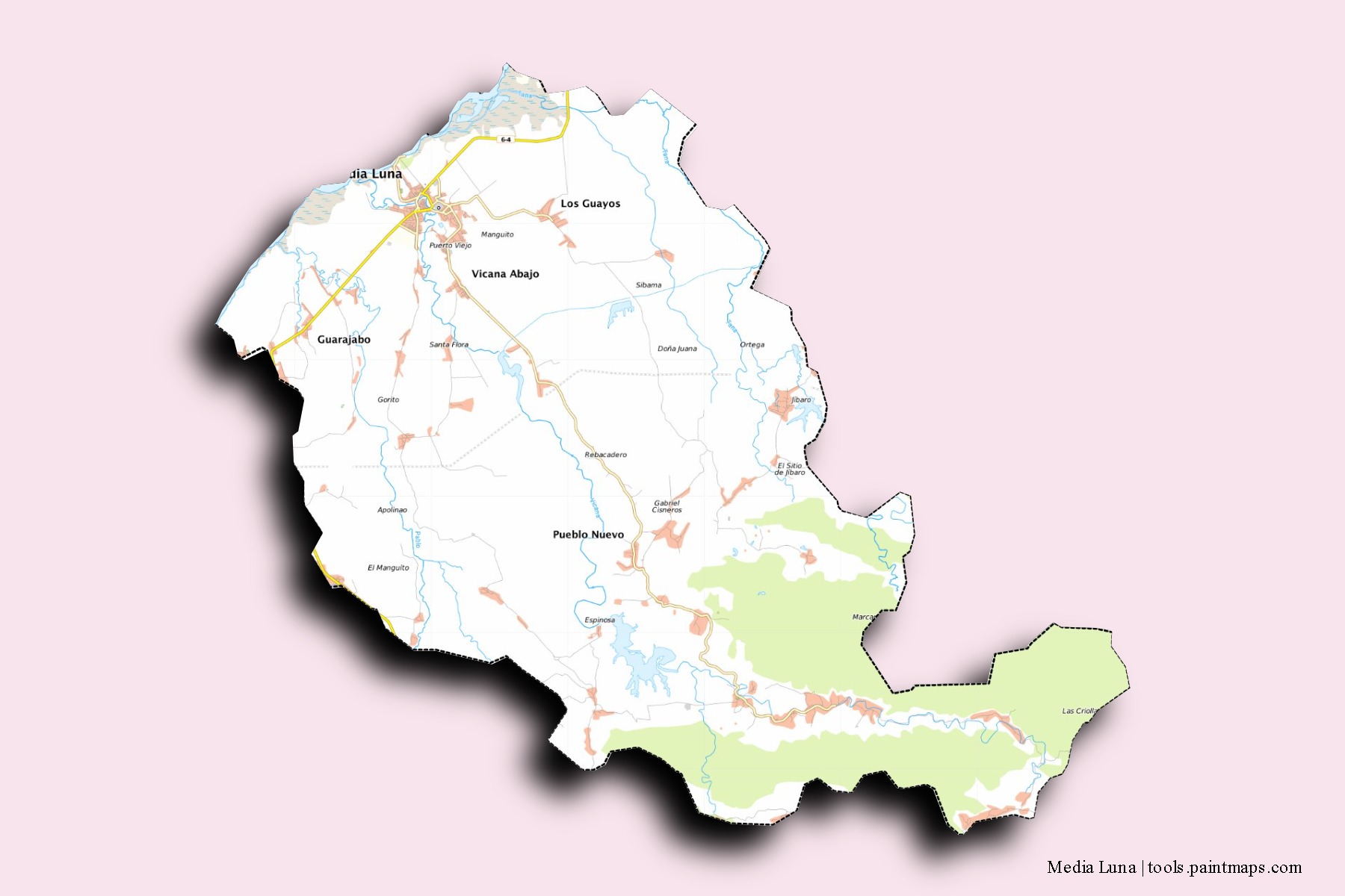 Mapa de barrios y pueblos de Media Luna con efecto de sombra 3D