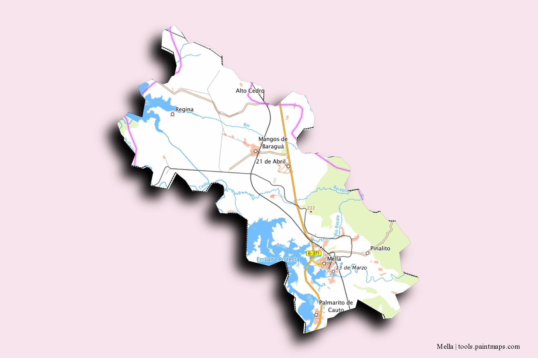 Mapa de barrios y pueblos de Mella con efecto de sombra 3D