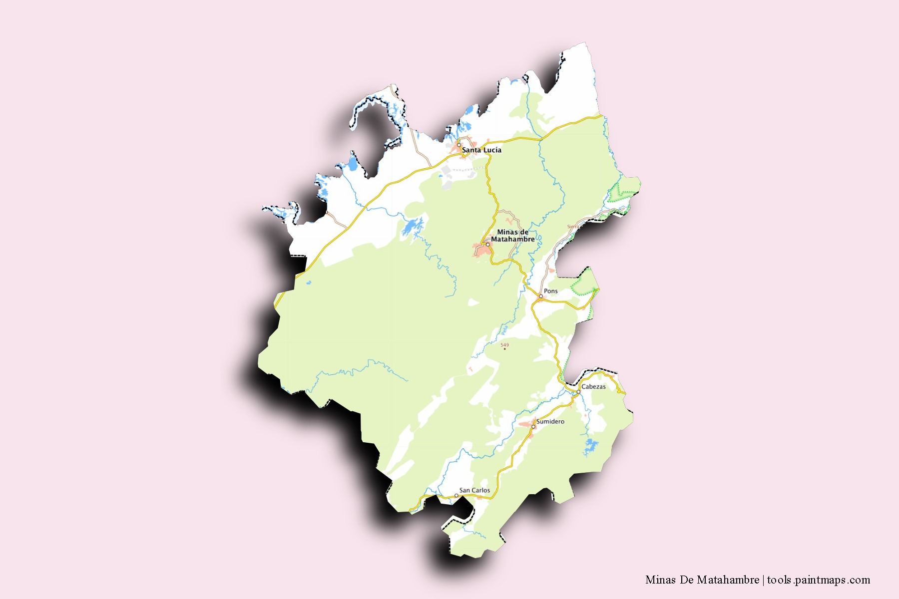 Mapa de barrios y pueblos de Minas De Matahambre con efecto de sombra 3D