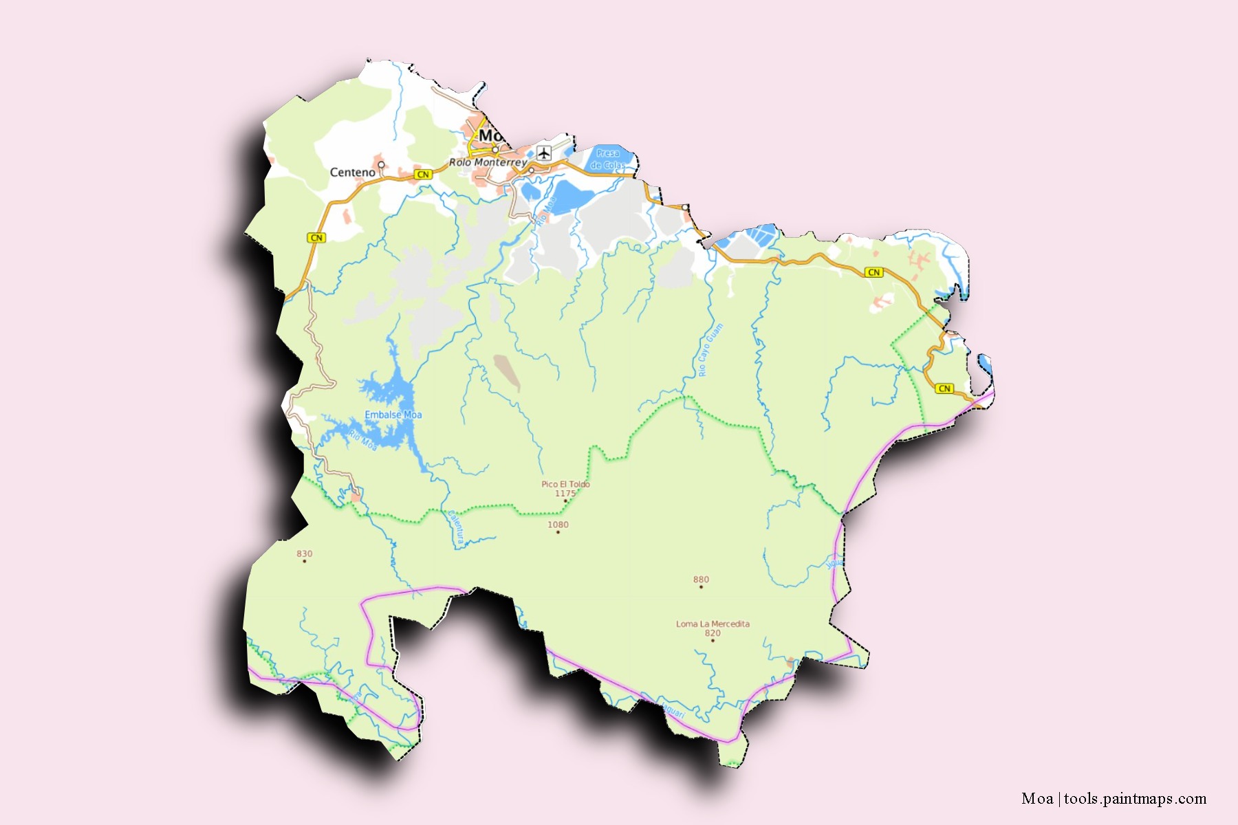 Mapa de barrios y pueblos de Moa con efecto de sombra 3D