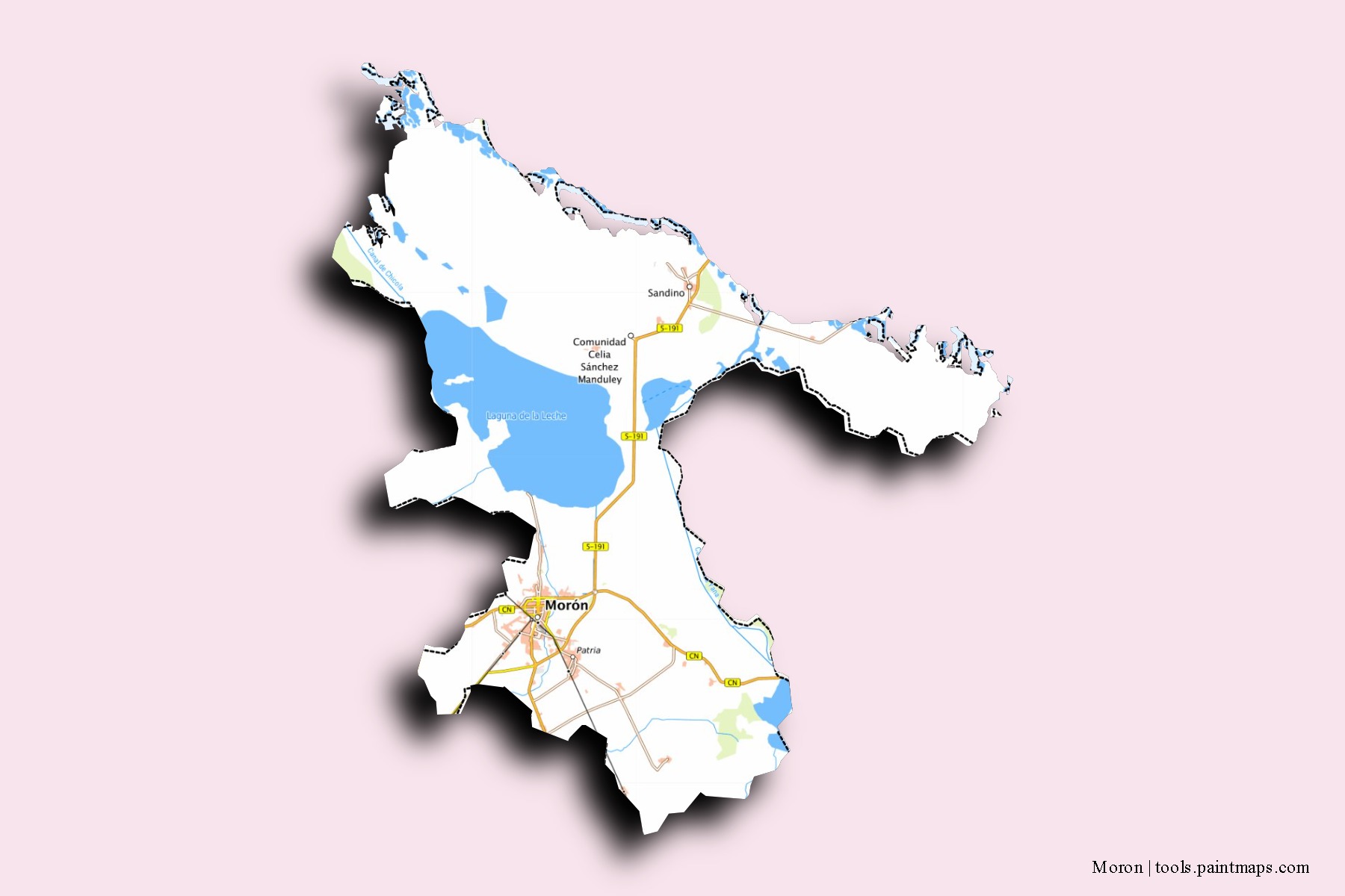 Mapa de barrios y pueblos de Moron con efecto de sombra 3D