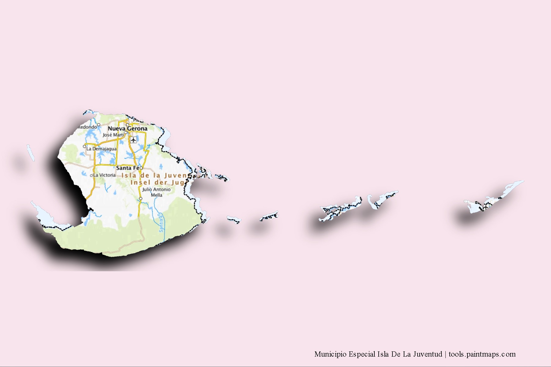 Mapa de barrios y pueblos de Municipio Especial Isla De La Juventud con efecto de sombra 3D