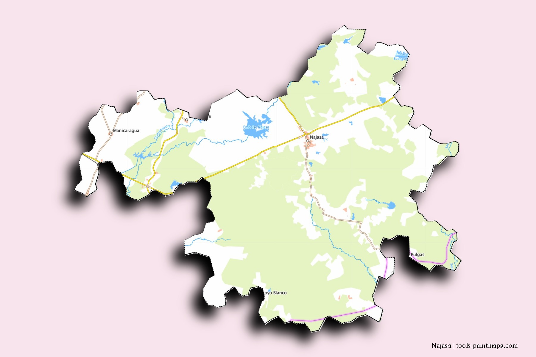 Mapa de barrios y pueblos de Najasa con efecto de sombra 3D