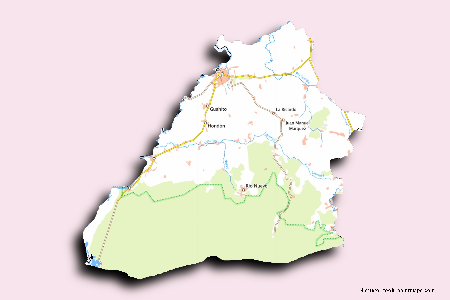 Mapa de barrios y pueblos de Niquero con efecto de sombra 3D