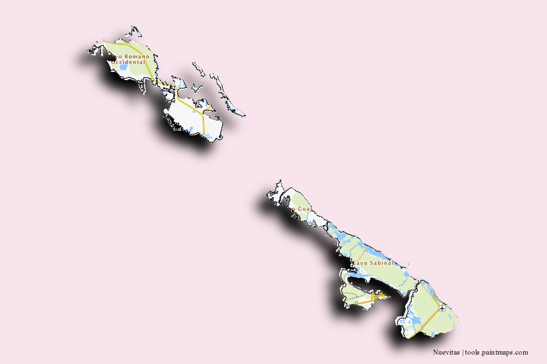 Mapa de barrios y pueblos de Nuevitas con efecto de sombra 3D