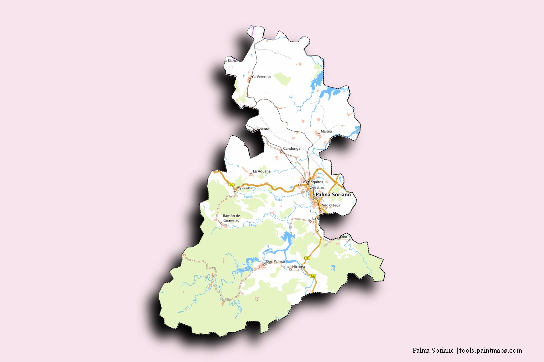 Palma Soriano neighborhoods and villages map with 3D shadow effect