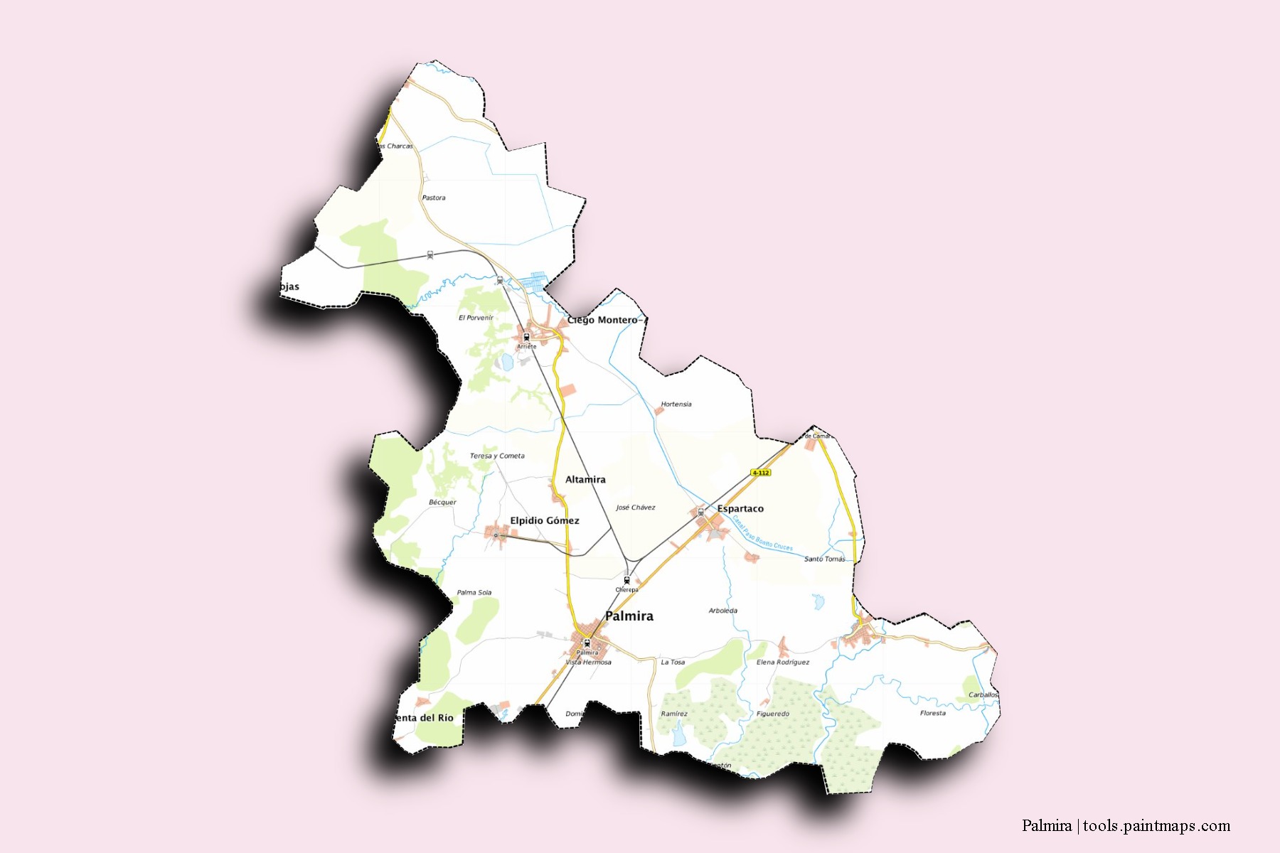 Mapa de barrios y pueblos de Palmira con efecto de sombra 3D