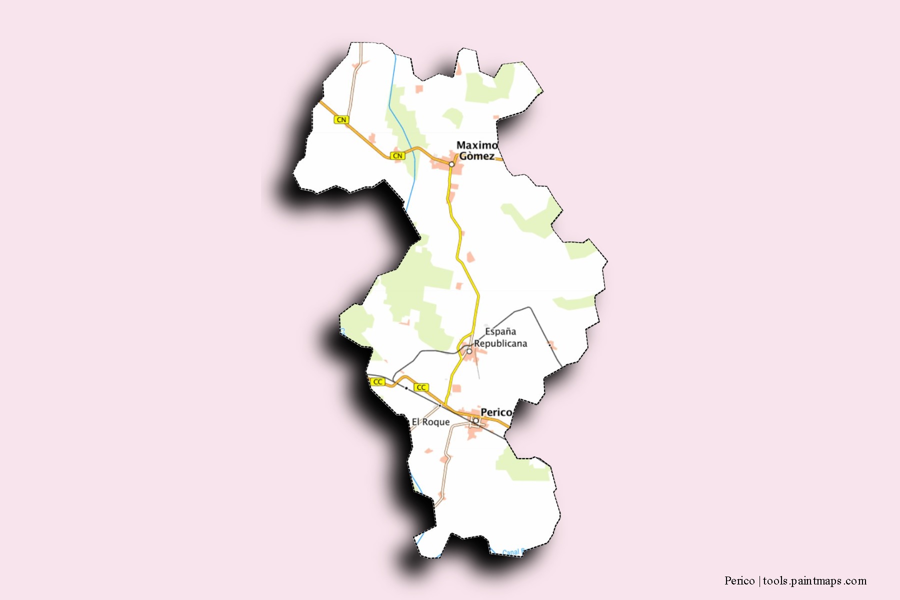 Mapa de barrios y pueblos de Perico con efecto de sombra 3D