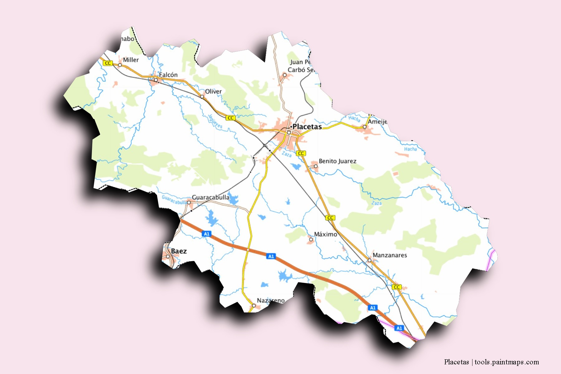 Mapa de barrios y pueblos de Placetas con efecto de sombra 3D
