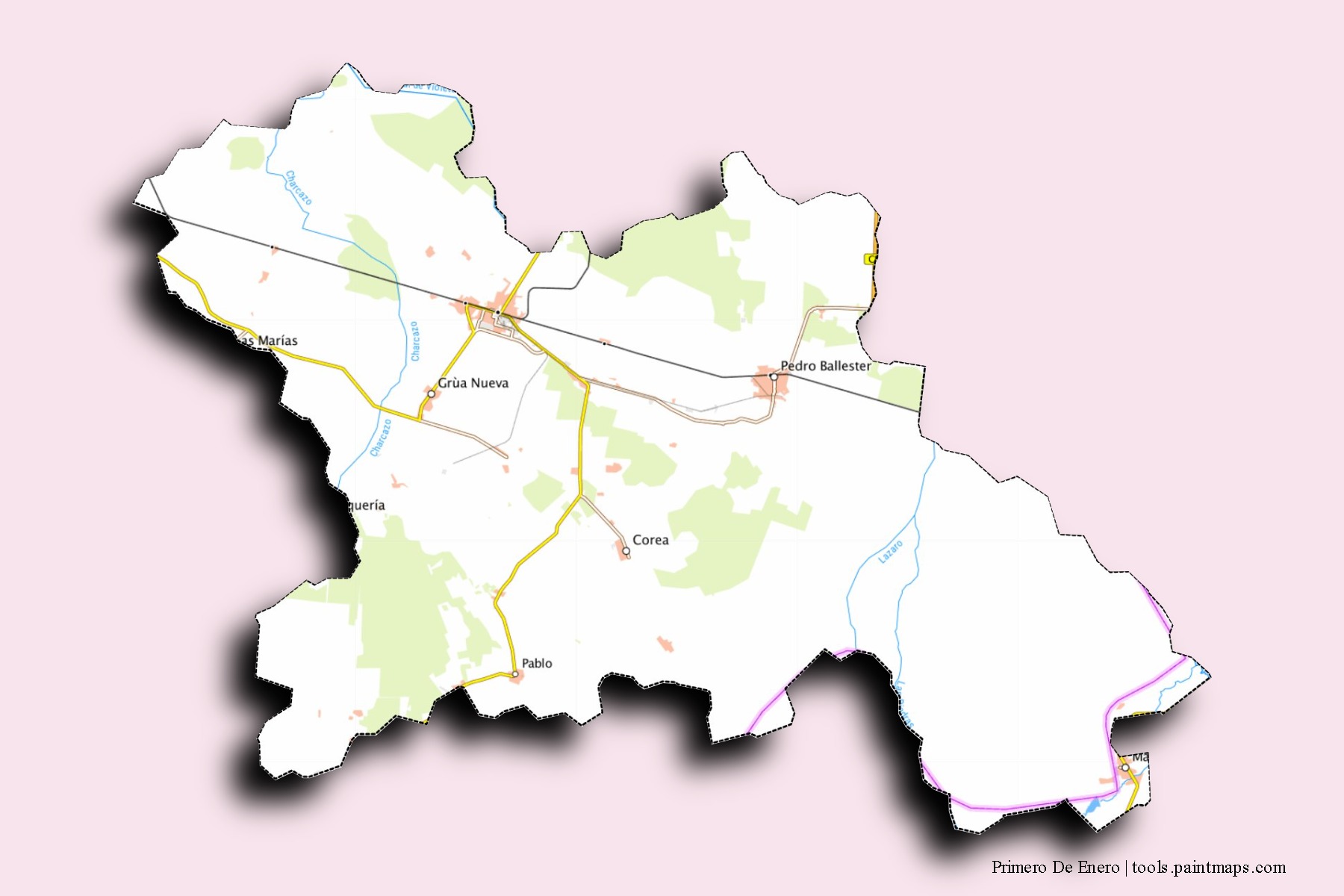 Mapa de barrios y pueblos de Primero De Enero con efecto de sombra 3D