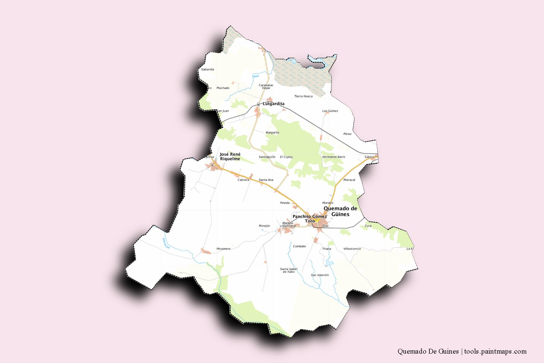 Mapa de barrios y pueblos de Quemado De Guines con efecto de sombra 3D