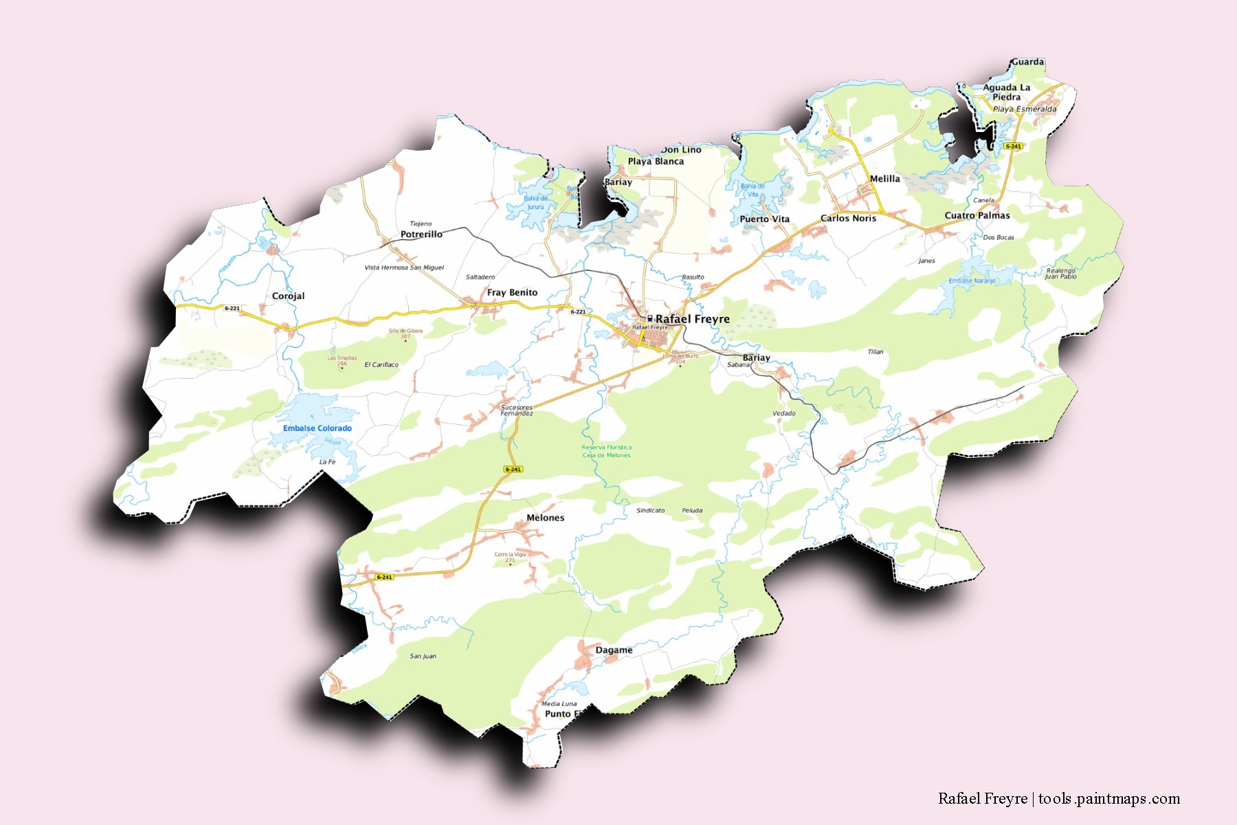 Rafael Freyre neighborhoods and villages map with 3D shadow effect