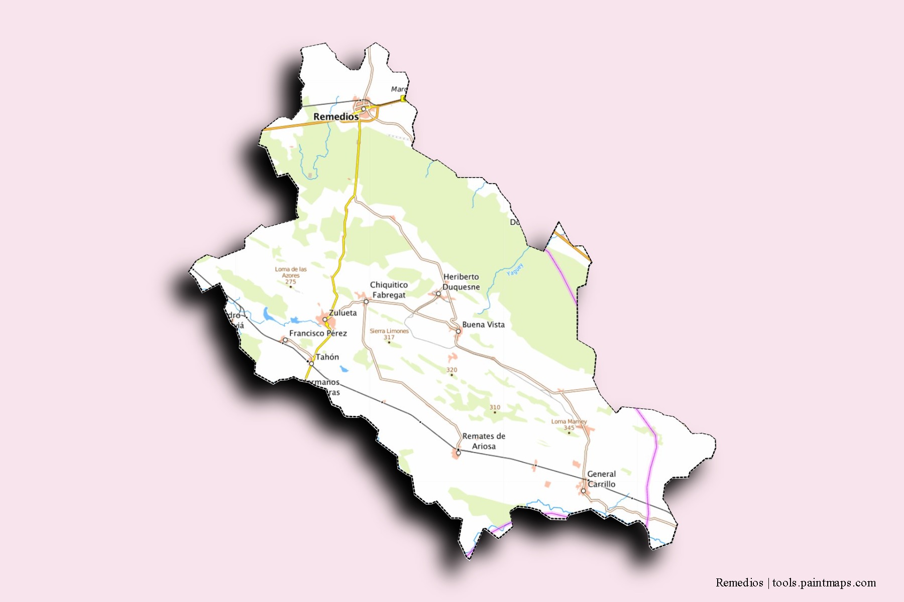 Mapa de barrios y pueblos de Remedios con efecto de sombra 3D