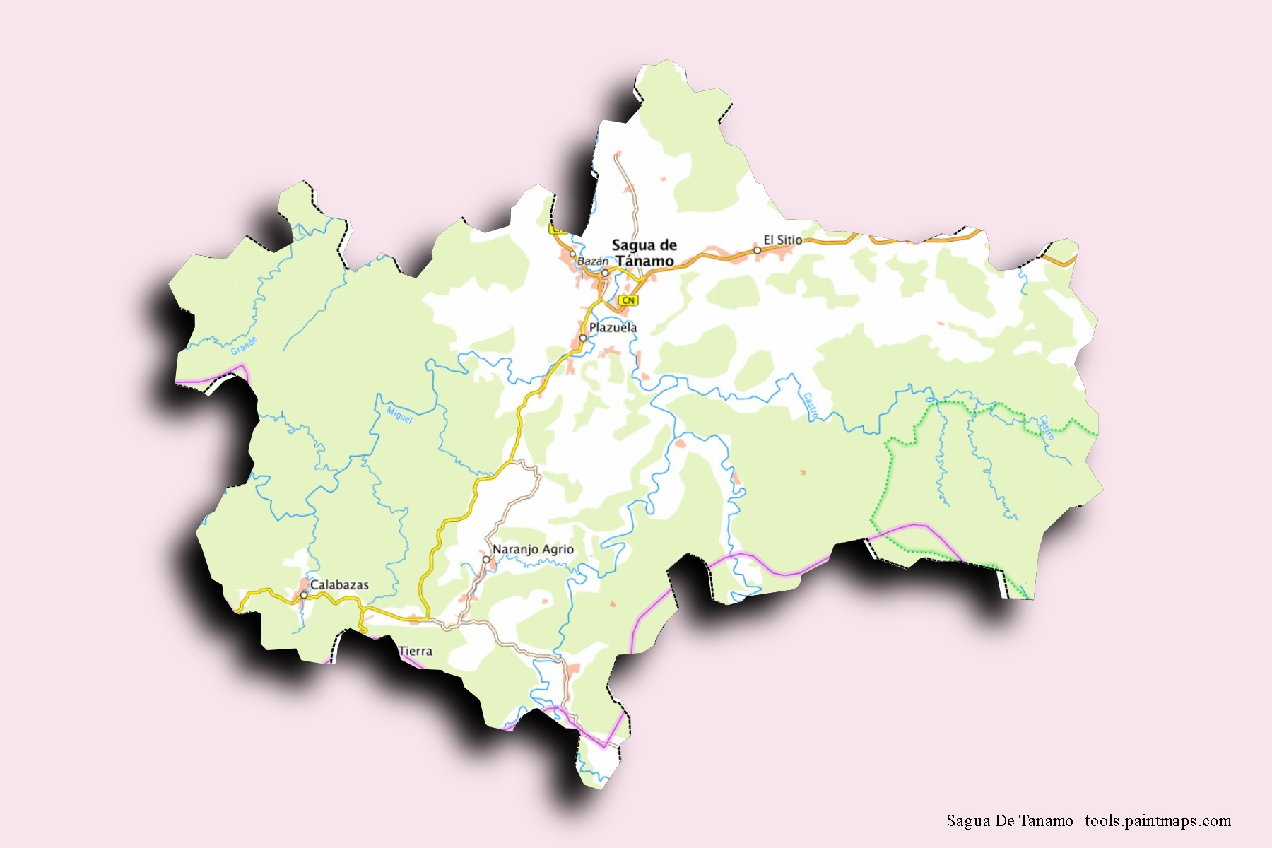 Sagua de Tánamo neighborhoods and villages map with 3D shadow effect