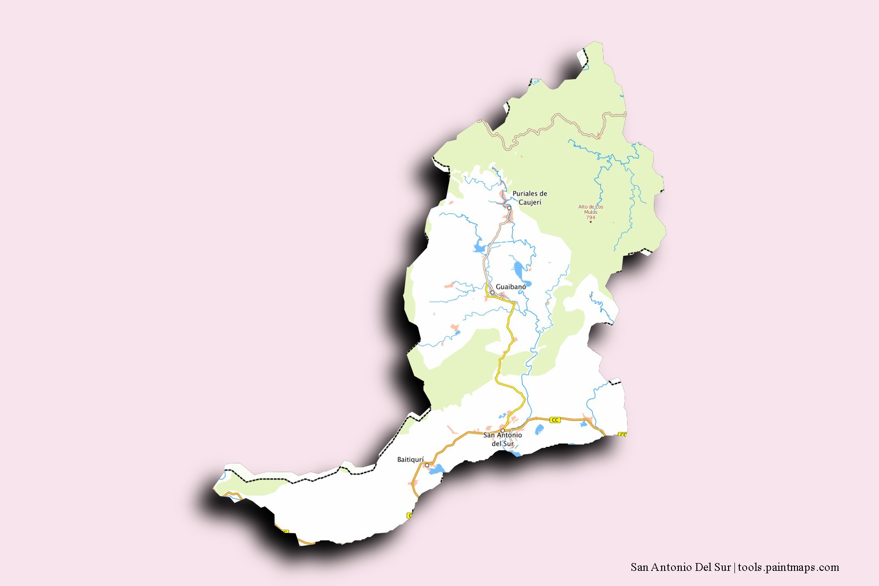 Mapa de barrios y pueblos de San Antonio Del Sur con efecto de sombra 3D