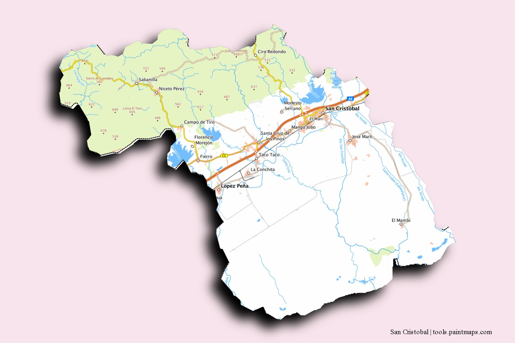 3D gölge efektli San Cristóbal mahalleleri ve köyleri haritası