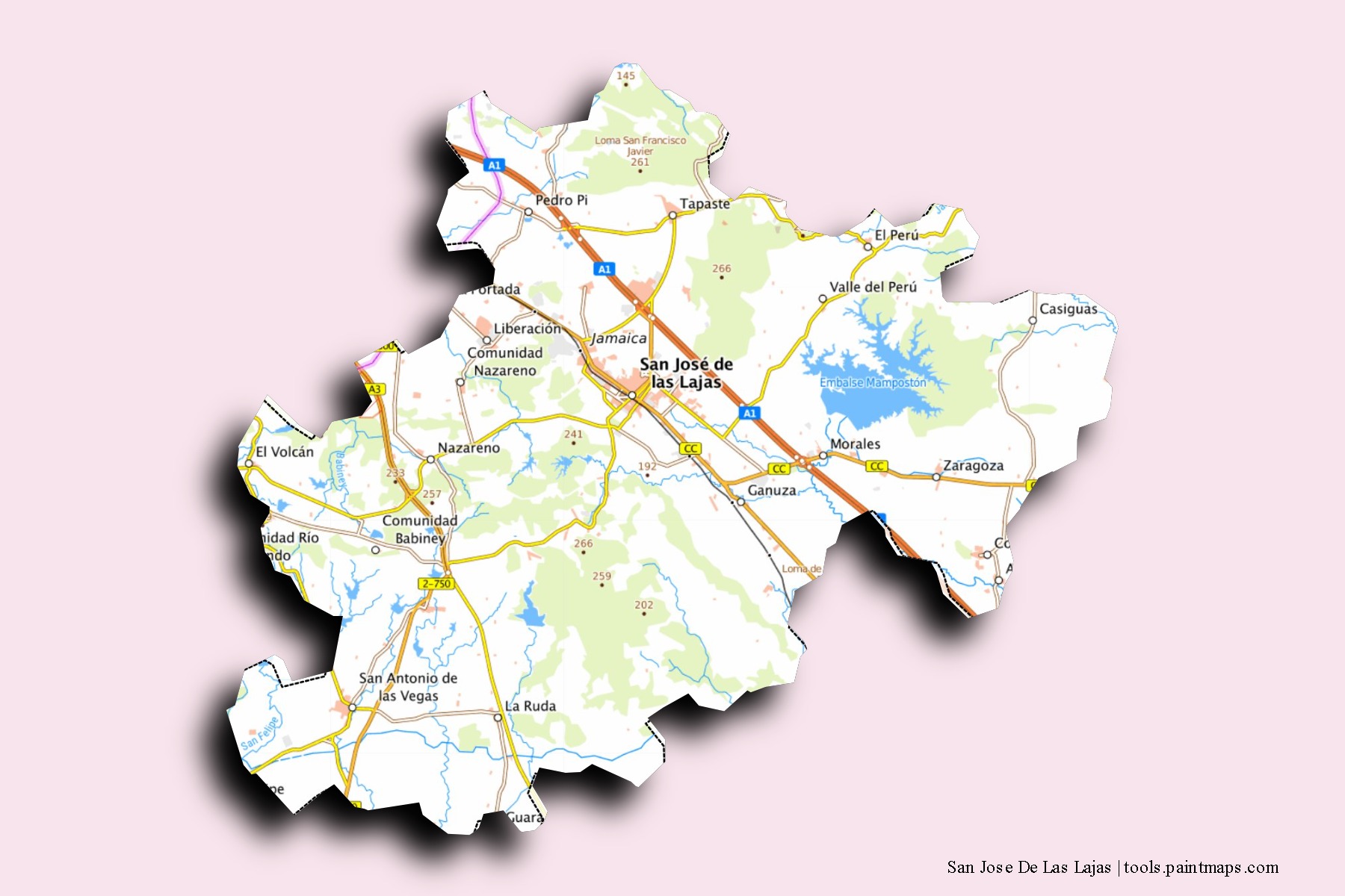 Mapa de barrios y pueblos de San Jose De Las Lajas con efecto de sombra 3D