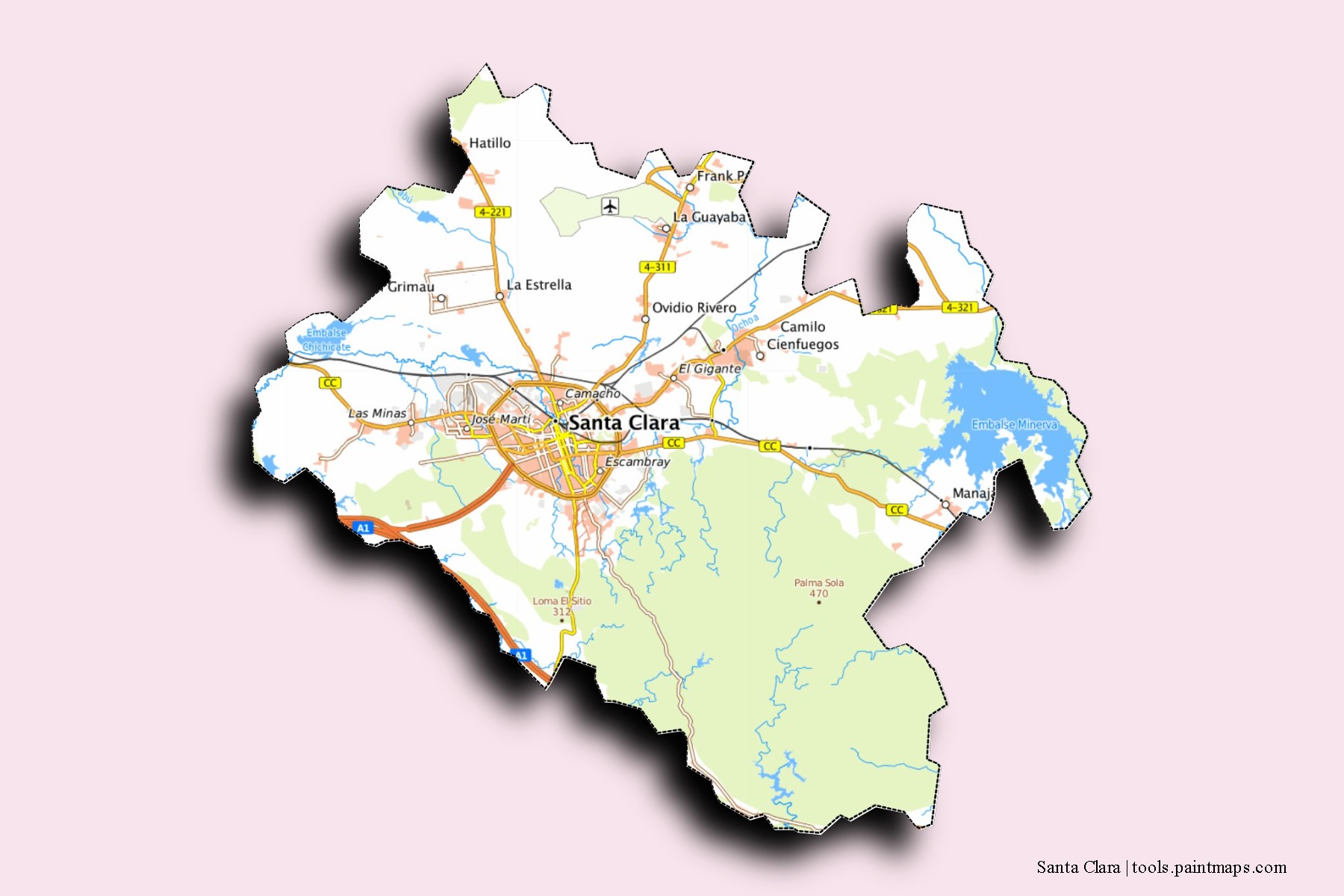 Mapa de barrios y pueblos de Santa Clara con efecto de sombra 3D