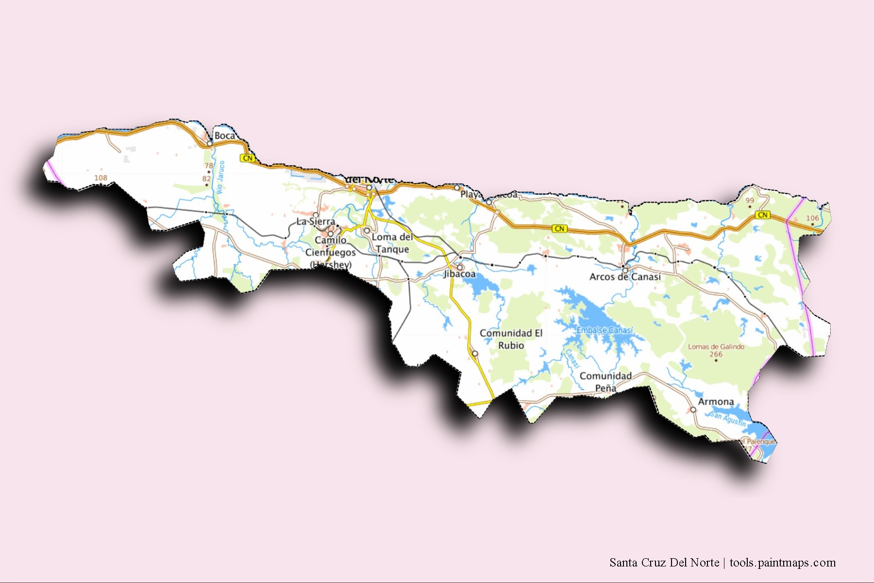 Mapa de barrios y pueblos de Santa Cruz Del Norte con efecto de sombra 3D